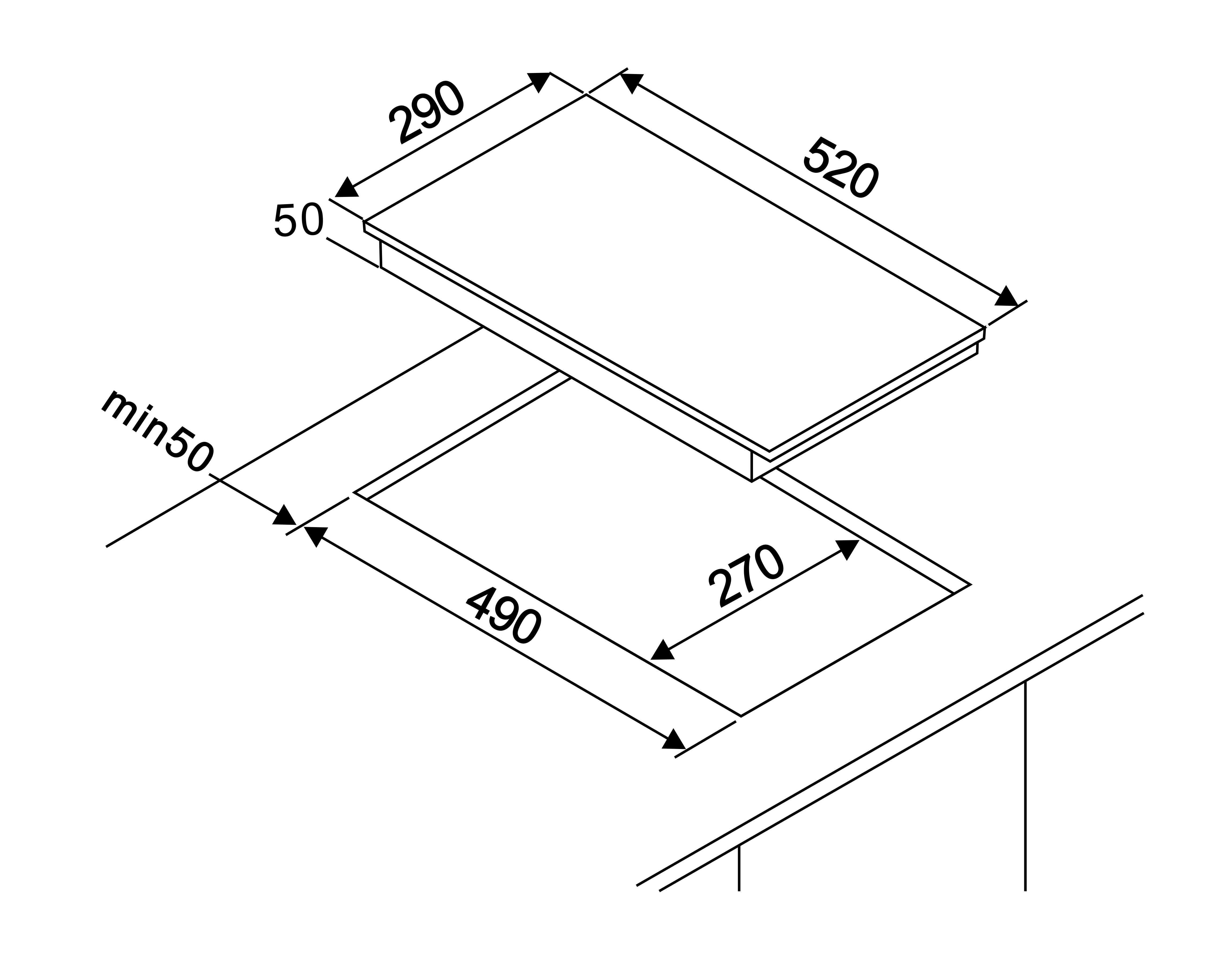 An illustration of a cooktop with dimensions in a diagram.