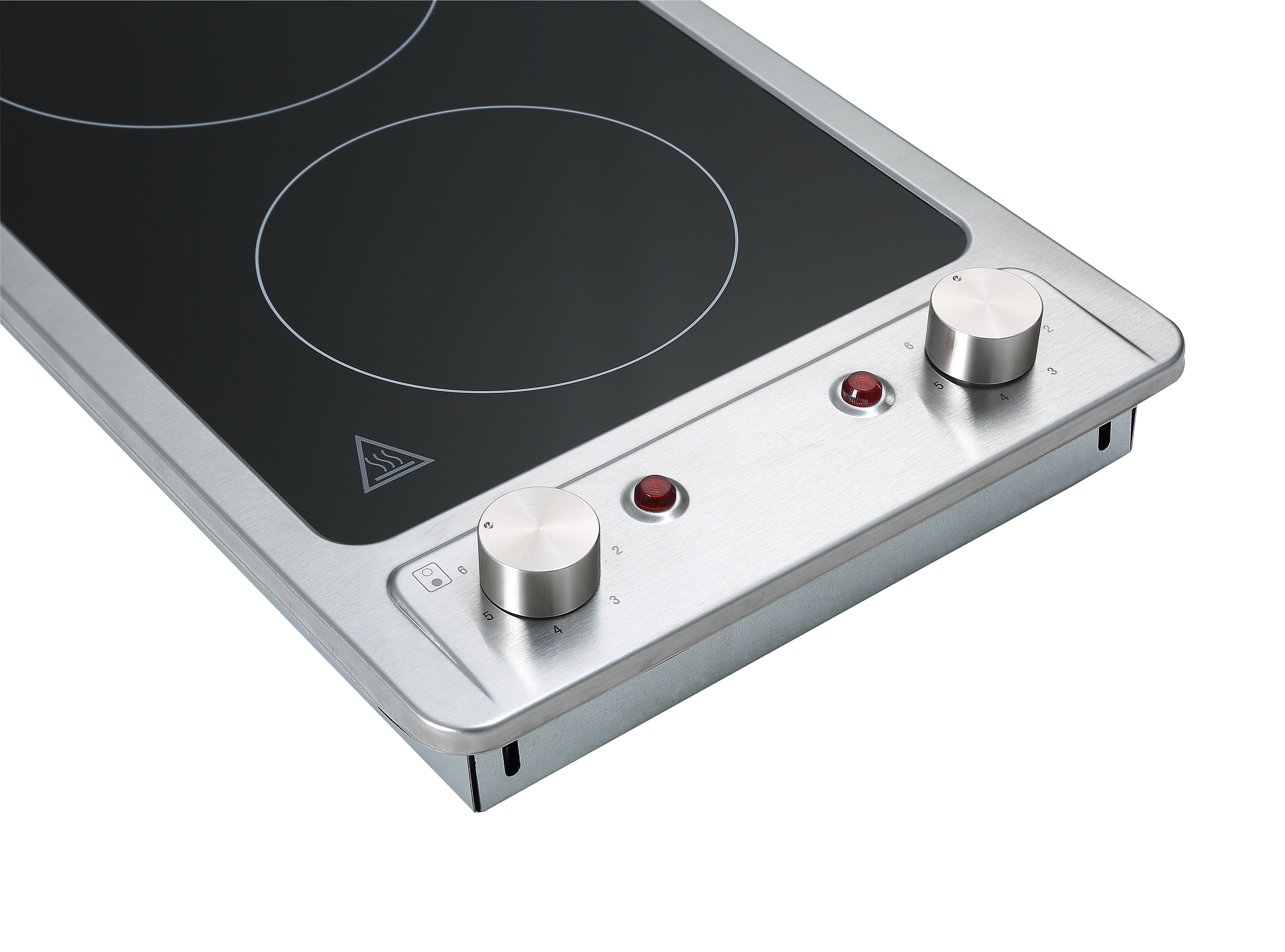 Plaque de cuisson noire avec deux zones de chauffe circulaires et boutons. Fond blanc.