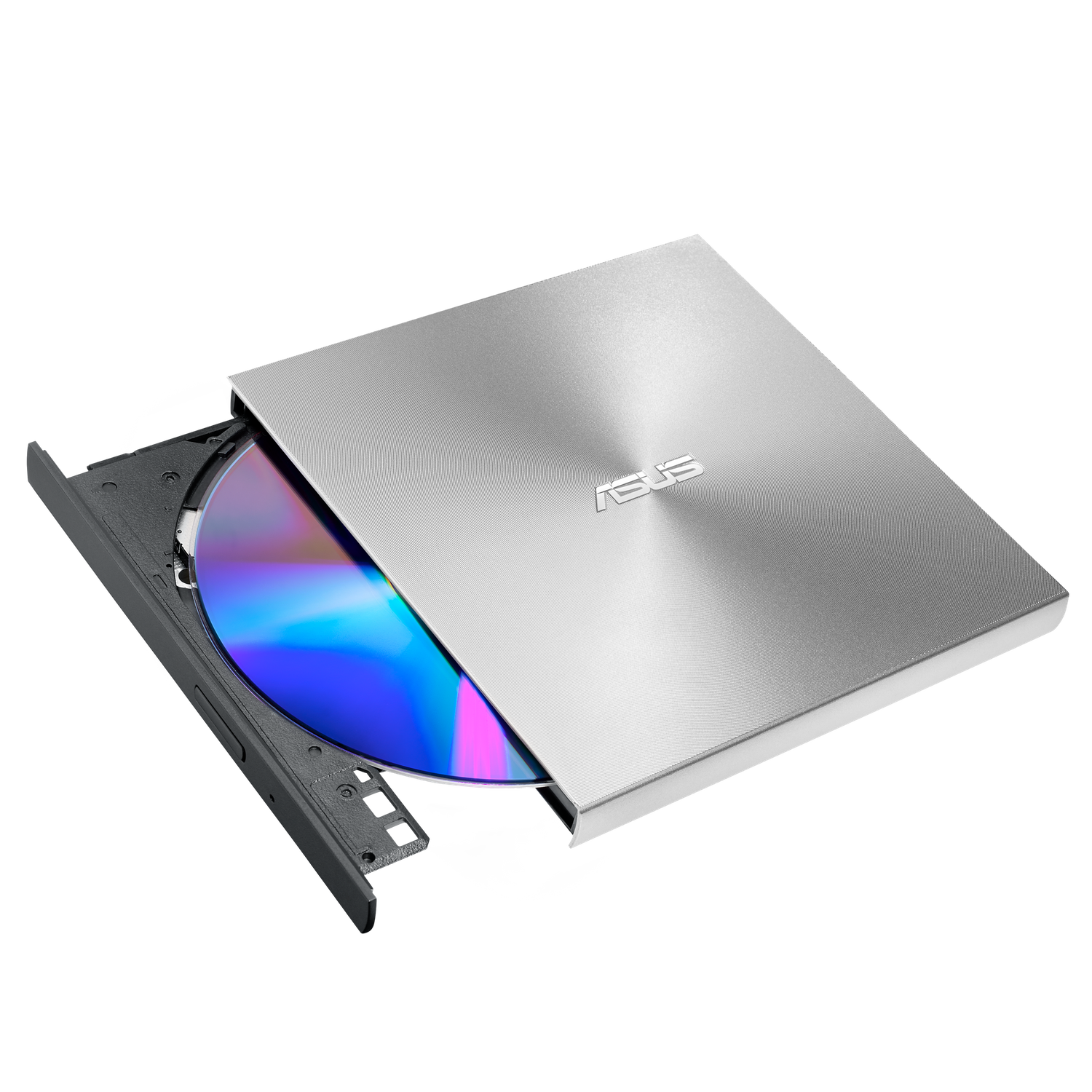 Silbernes externes ASUS DVD-Laufwerk, Fach teilweise geöffnet. Blaue und lila CD sichtbar. ASUS-Logo sichtbar.