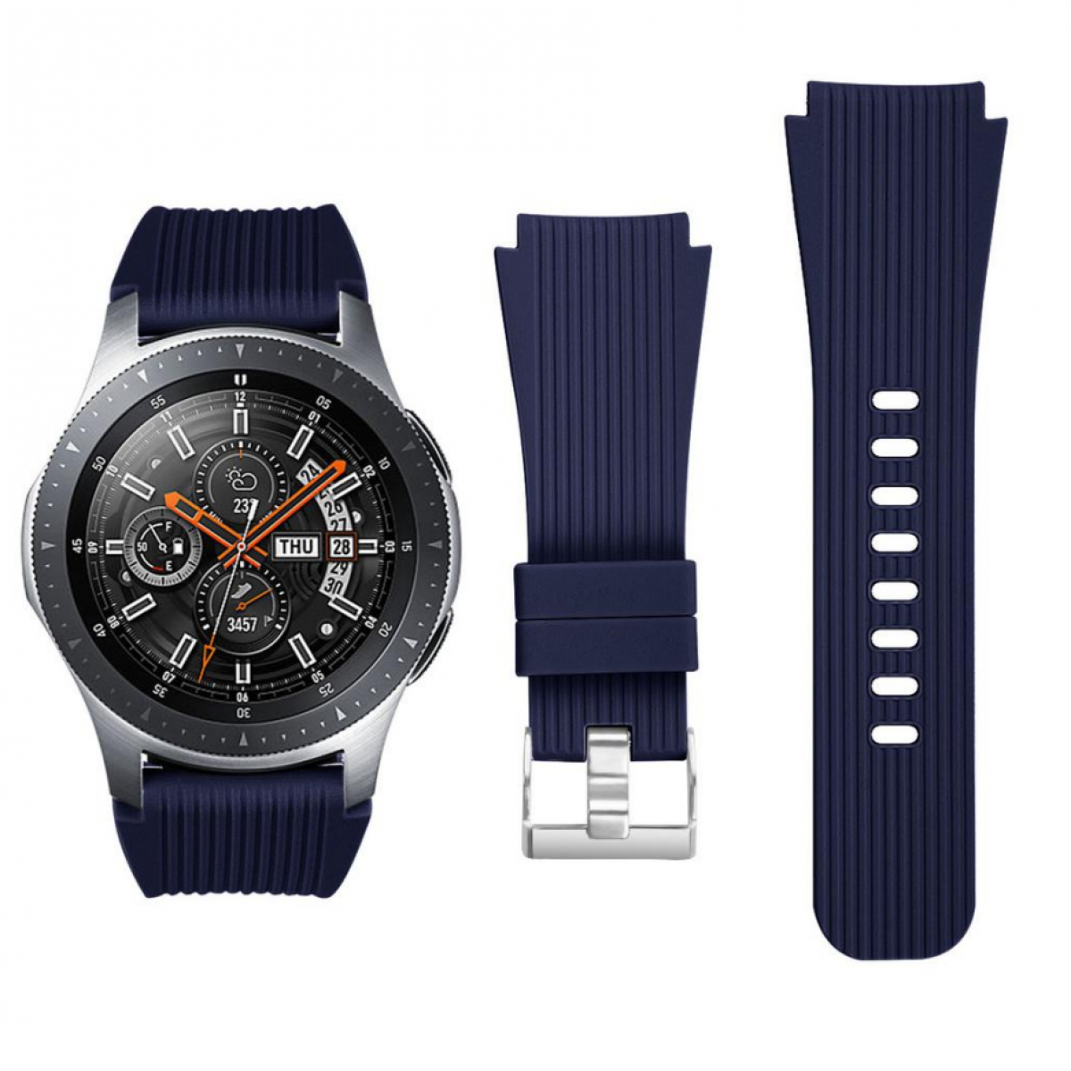 Eine Smartwatch mit zwei Armbändern. Die Uhr ist marineblau und silber, mit zwei marineblauen Armbändern.