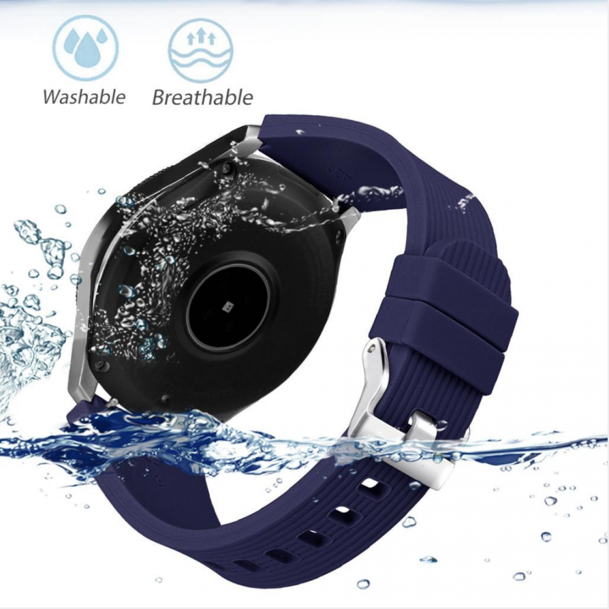 Smartwatch unter Wasser. Zeigt ein blaues Armband und Wassertropfen. Text sagt Waschbar und Atmungsaktiv.