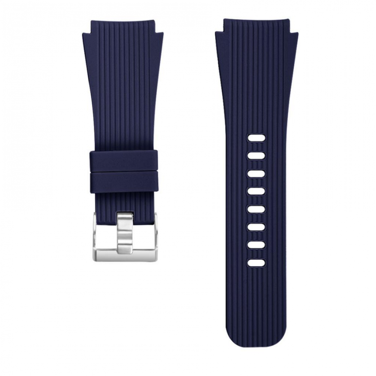 Zwei dunkelblaue Uhrenarmbänder mit silberner Schnalle. Sie haben ein geripptes Muster.