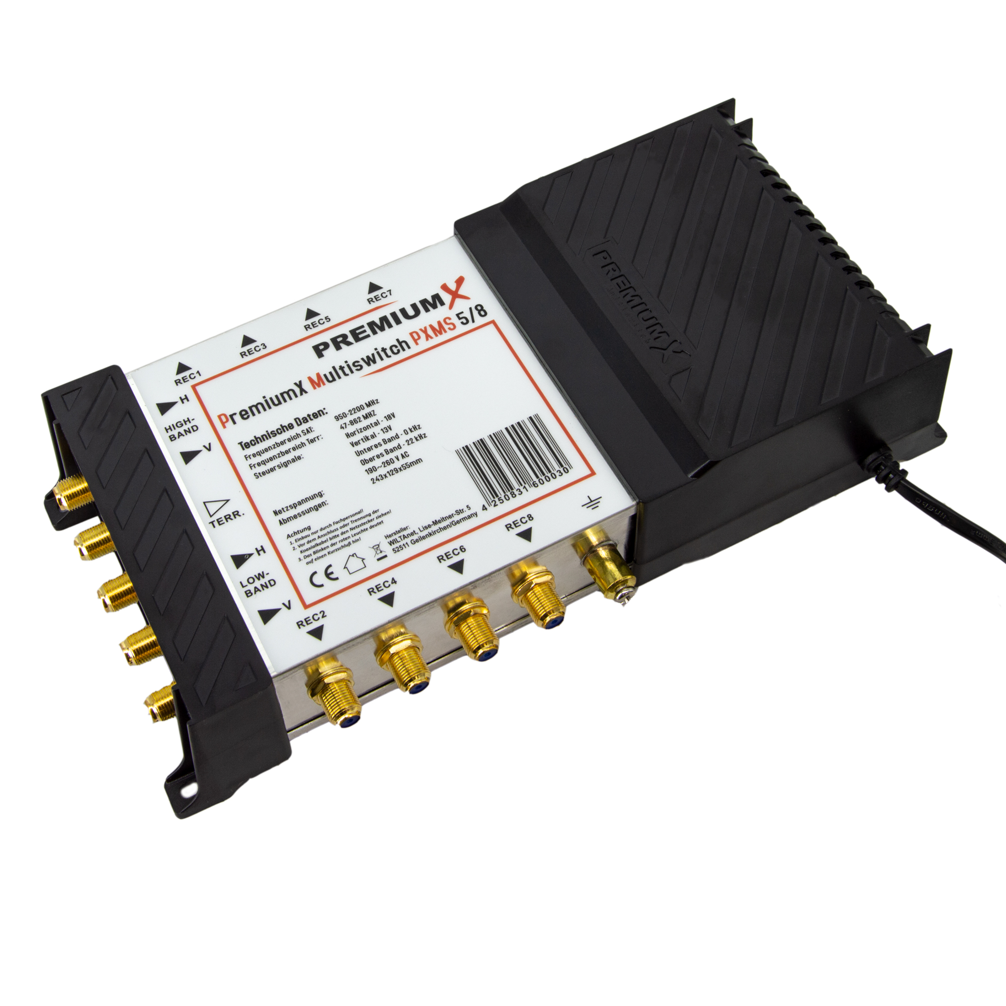 Ein silberner und schwarzer Multiswitch mit goldenen Anschlüssen. Auf der Vorderseite sind Etiketten und ein Barcode zu sehen.