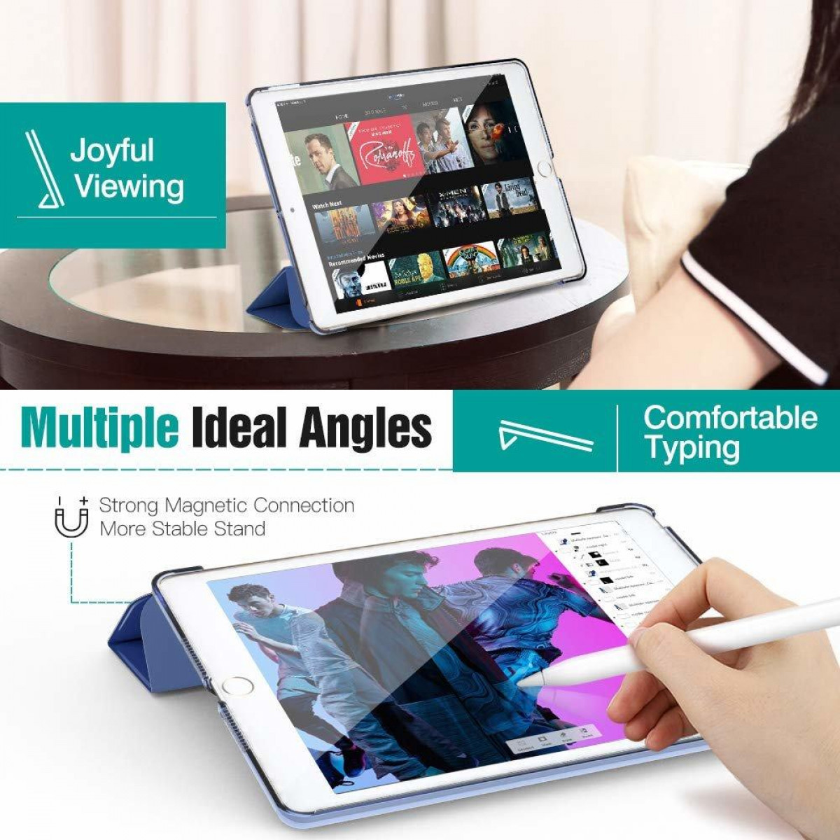 Tablet mit Hülle und Stift. Text: Joyful Viewing, Multiple Ideal Angles, Comfortable Typing.