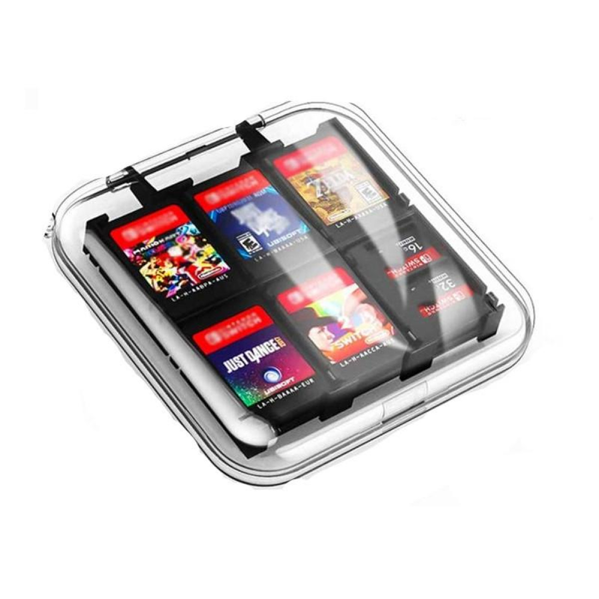 Un étui transparent avec 6 cartouches de jeux Nintendo Switch. Les cartouches ont des étiquettes colorées.