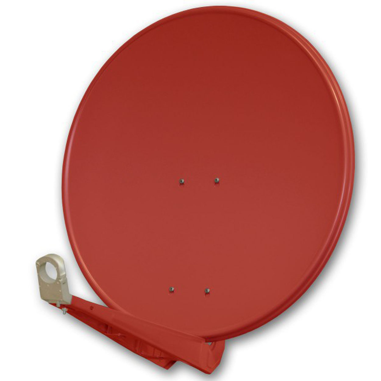 Eine rote Satellitenschüssel mit Stützarm, vor weißem Hintergrund.