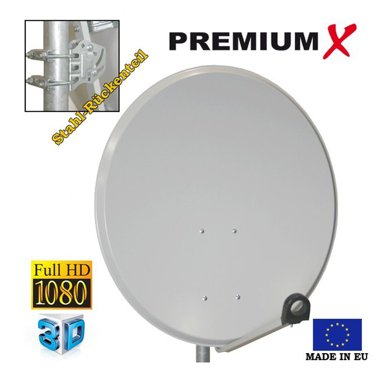 Eine silberne Satellitenschüssel mit Premium-Logo und EU-Flagge, montiert auf einer Stange.