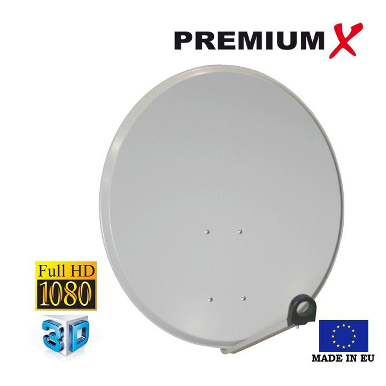 Eine silberne Satellitenschüssel mit schwarzem Arm. Das Bild enthält ein Etikett für Full HD und 3D.