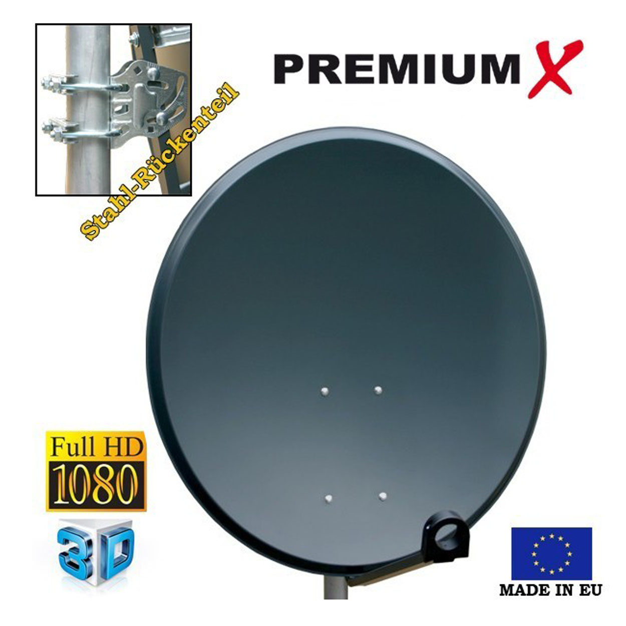 Eine Satellitenschüssel mit Logo und Text, mit zusätzlichem Montagesatz, vor weißem Hintergrund.