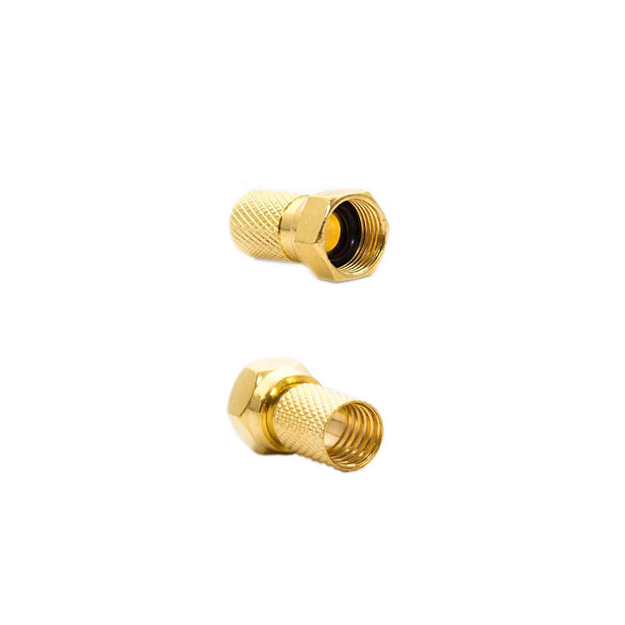 Zwei goldfarbene Koaxialkabelstecker. Sie sind beide goldfarben mit messingfarbenem Finish.