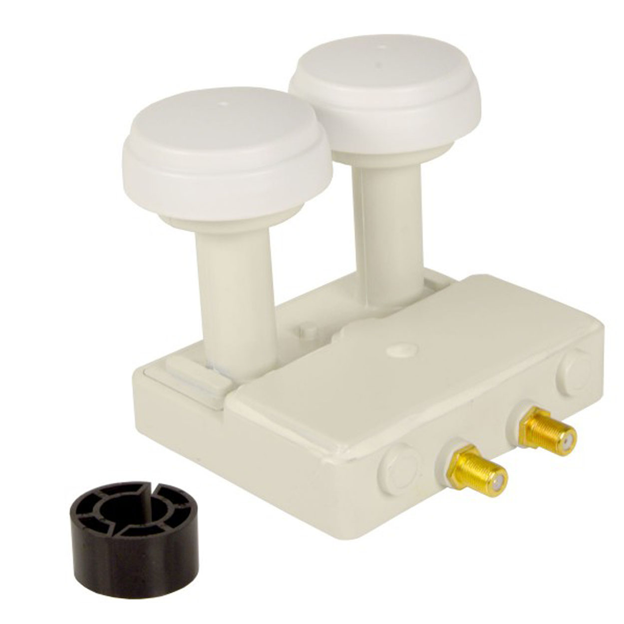 Weißes Satelliten LNB mit zwei Ausgängen und schwarzem Stecker.