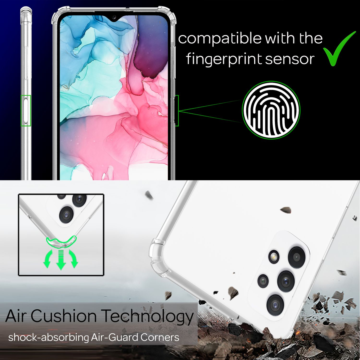 Transparente Handyhülle mit Telefon. Die Hülle hat Air Cushion Technology.