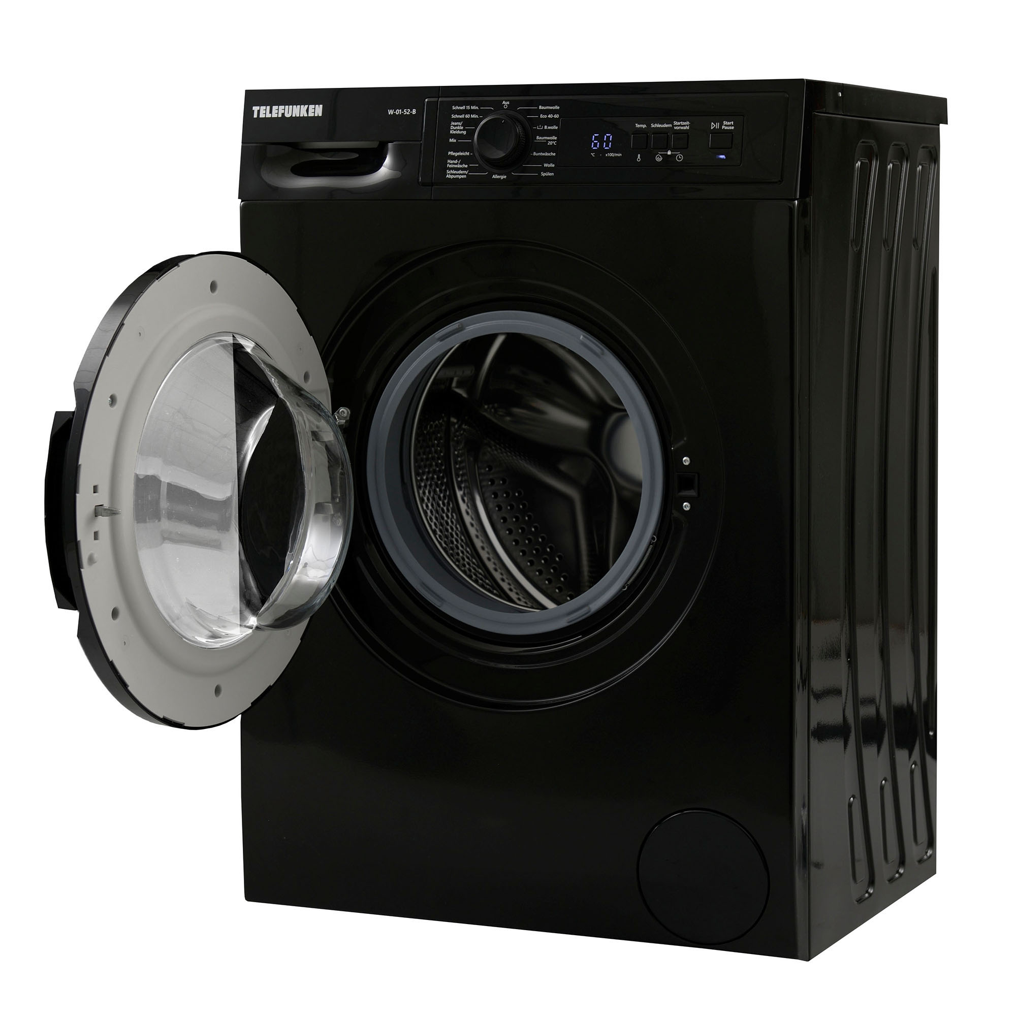 Eine schwarze Waschmaschine mit offener Tür. Der Markenname ist Telefunken.