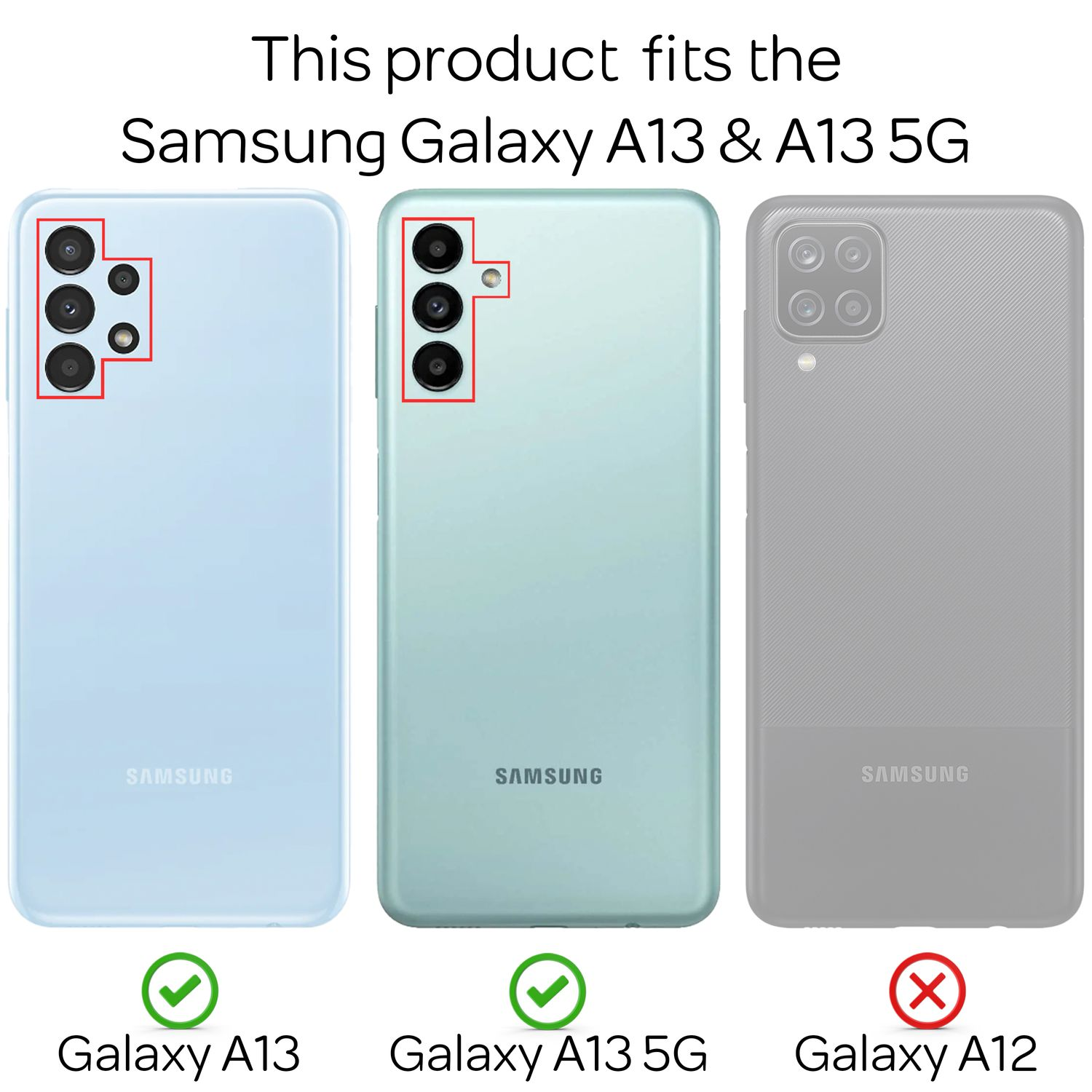 Drei Telefone, Galaxy A13, A13 5G und A12. Die ersten beiden haben ein grünes Häkchen.