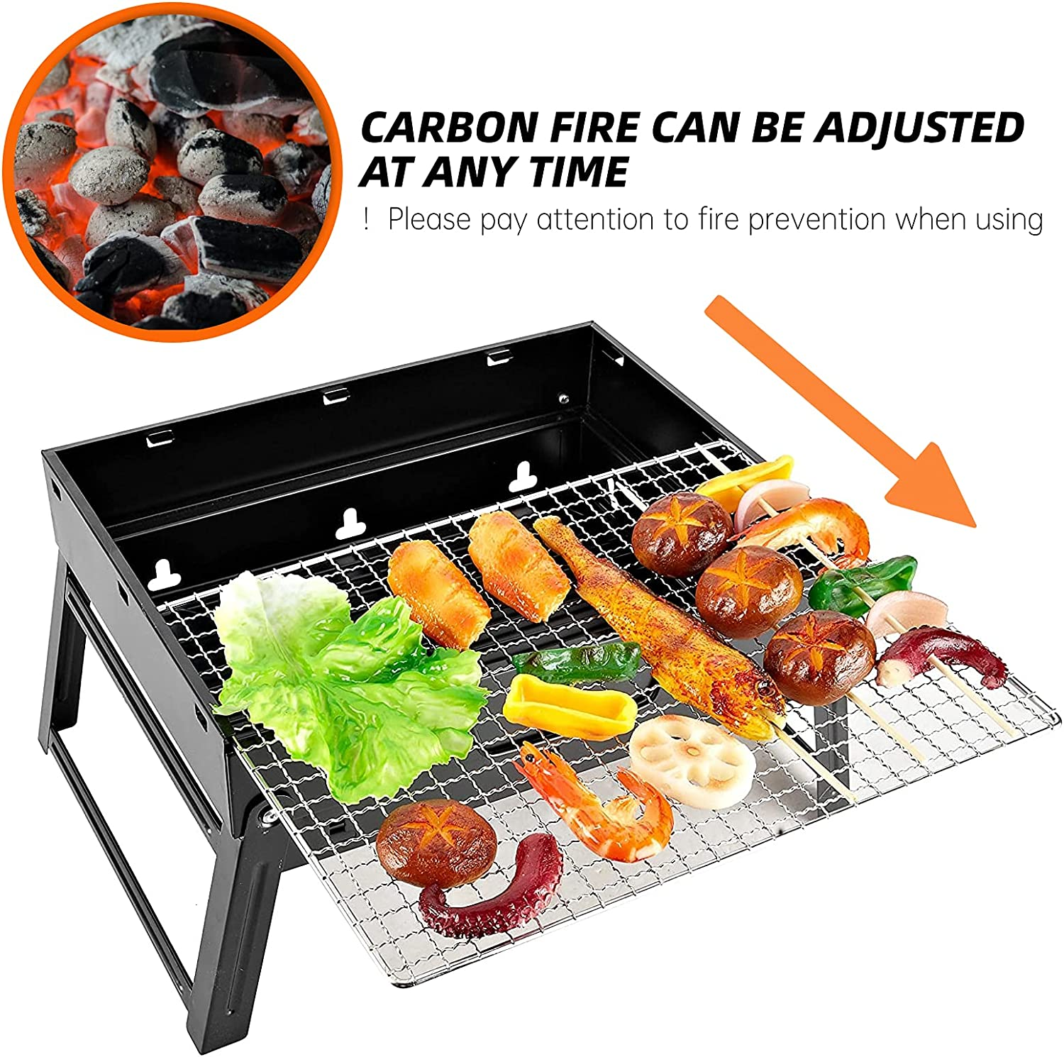 Ein Grill mit Essen darauf, mit Text, der die Kohlefeueranpassung anzeigt.