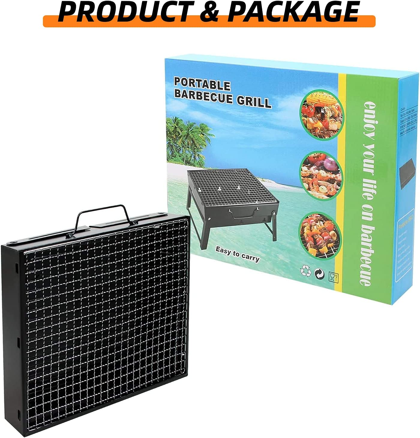 Tragbarer Grill, schwarz und silber, in einer Box. Die Box hat Bilder von zubereitetem Essen.