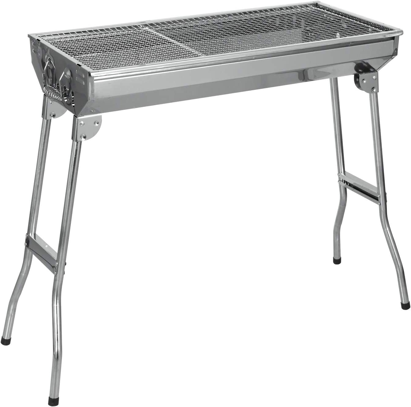 Silberner Klappgrill mit Edelstahlrost, auf weißem Grund, schräge Ansicht.