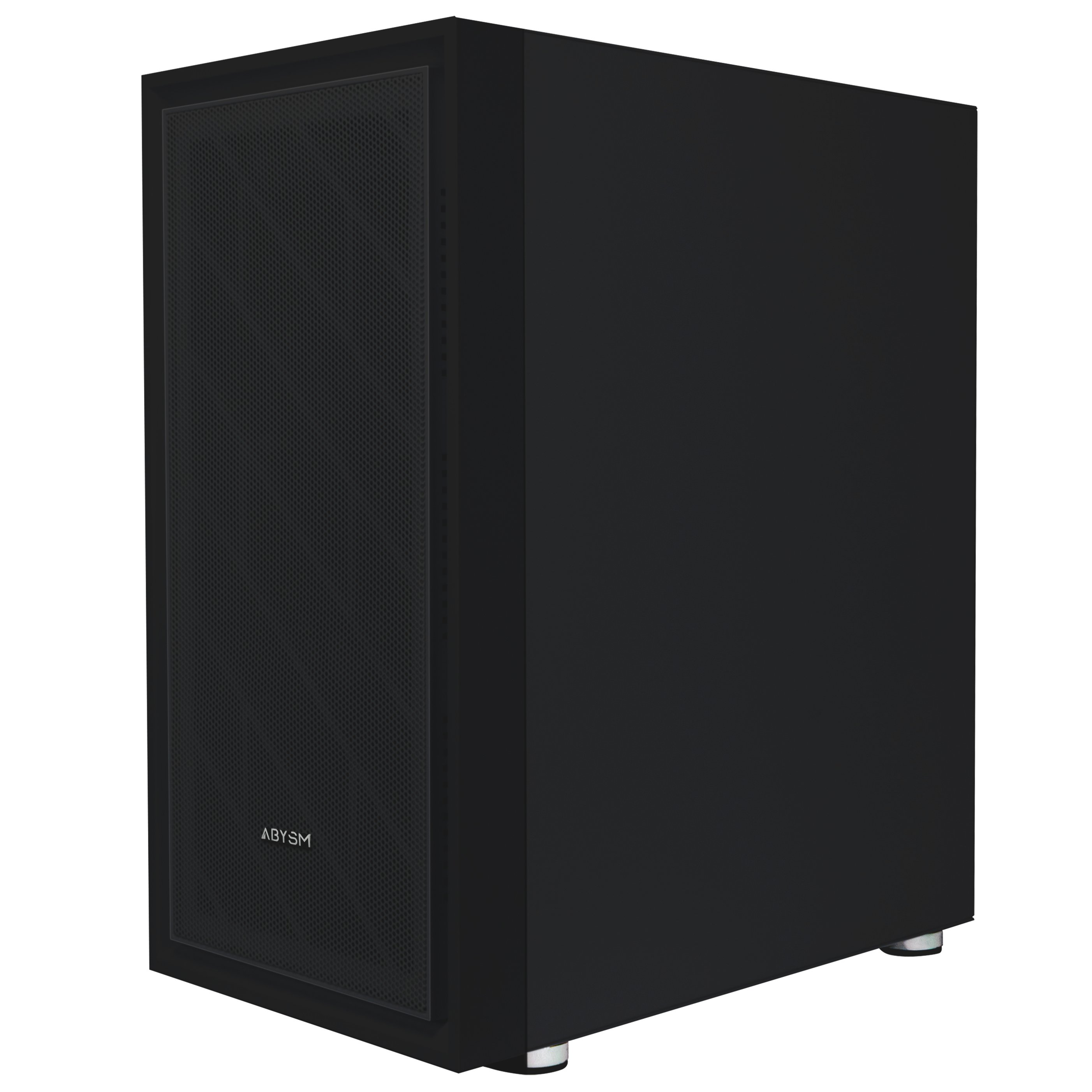 Carcasa de computadora negra con panel frontal de malla y diseño elegante y minimalista.