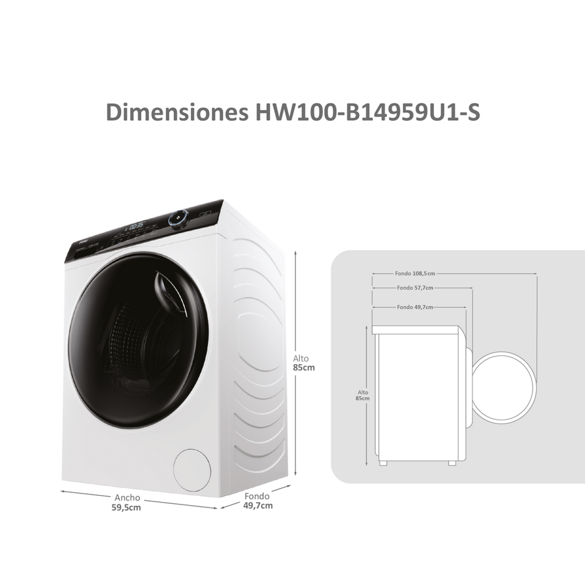 Lavadora blanca con dimensiones. Se muestran una vista lateral y una vista frontal.