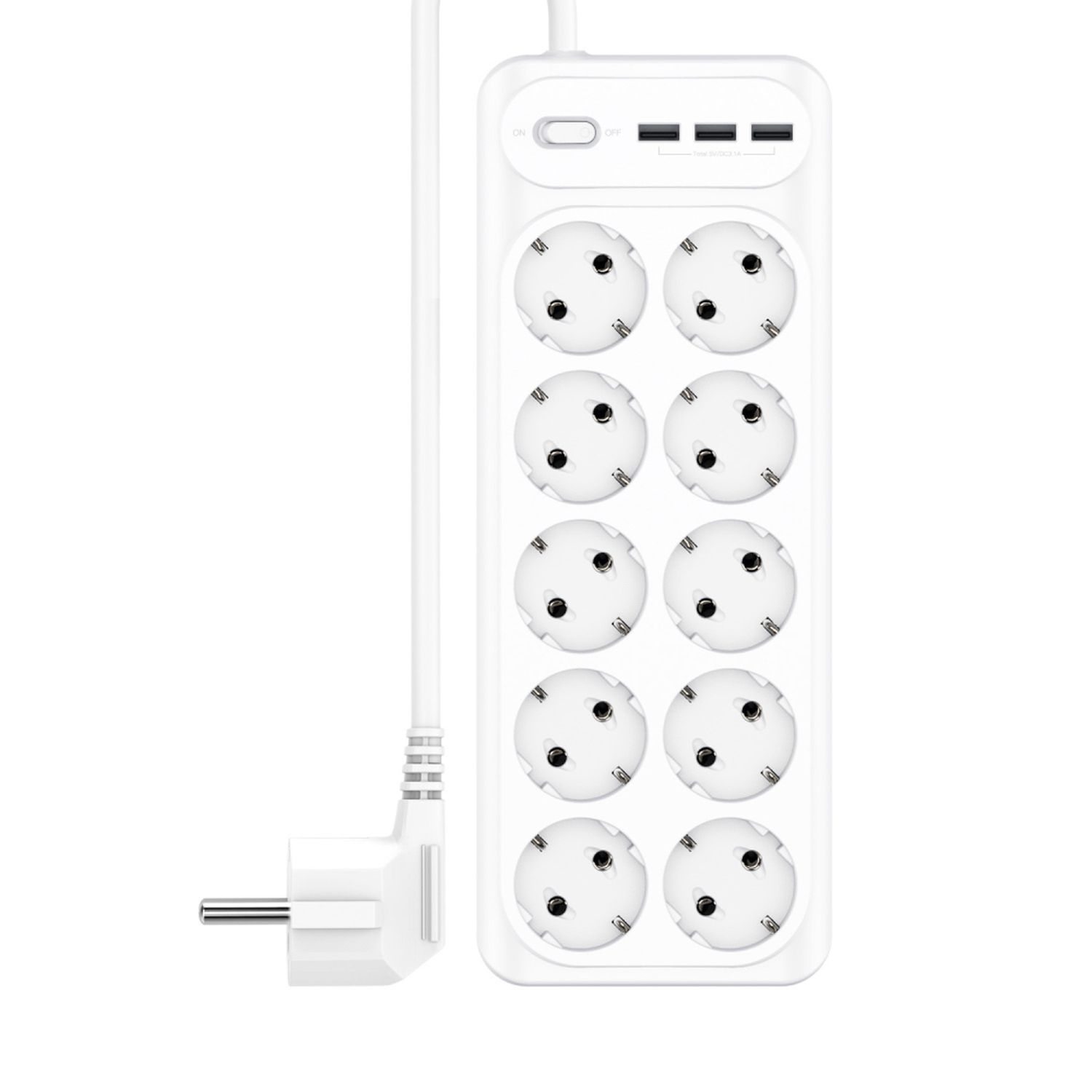 Weiße Steckdosenleiste mit mehreren Steckdosen und USB-Anschlüssen. Es hat einen Ein/Aus-Schalter und einen Stecker.