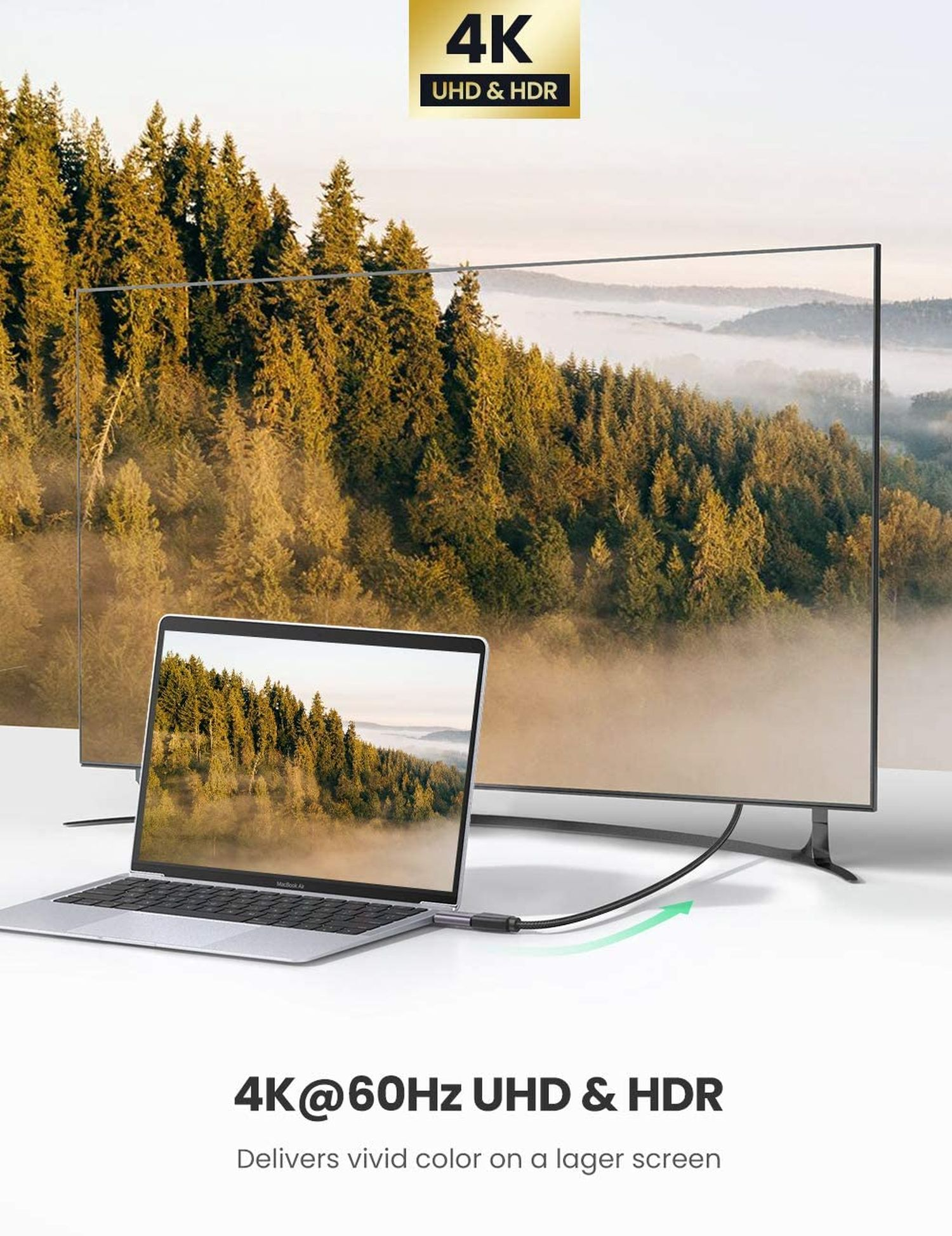Ein Laptop ist mit einem Fernseher verbunden und zeigt eine Waldszene. 4K UHD & HDR Text oben.