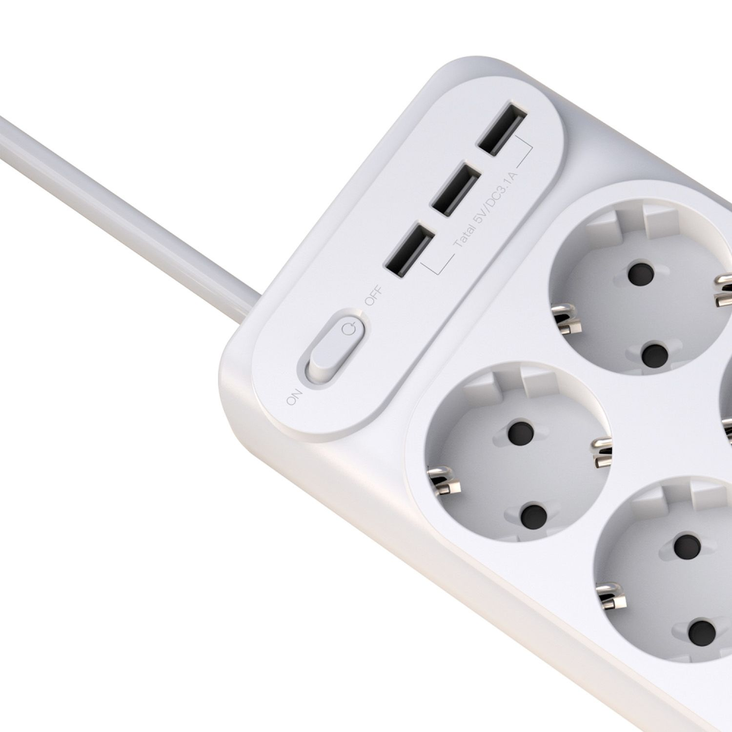 Eine weiße Steckdosenleiste mit mehreren Steckdosen und USB-Anschlüssen, mit Ein/Aus-Taste.
