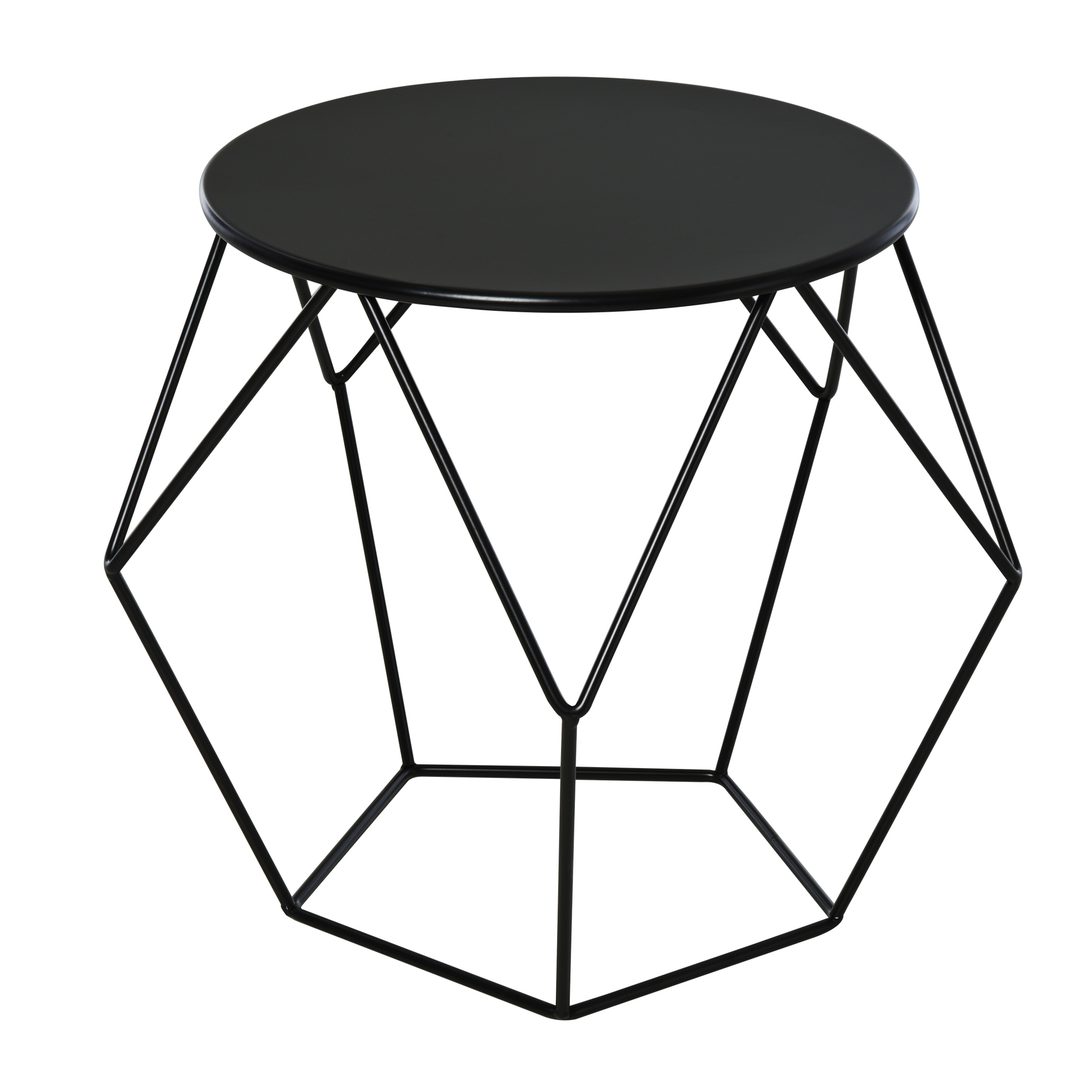 Tavolino nero, con piano rotondo e struttura geometrica in metallo nero. Su sfondo bianco.