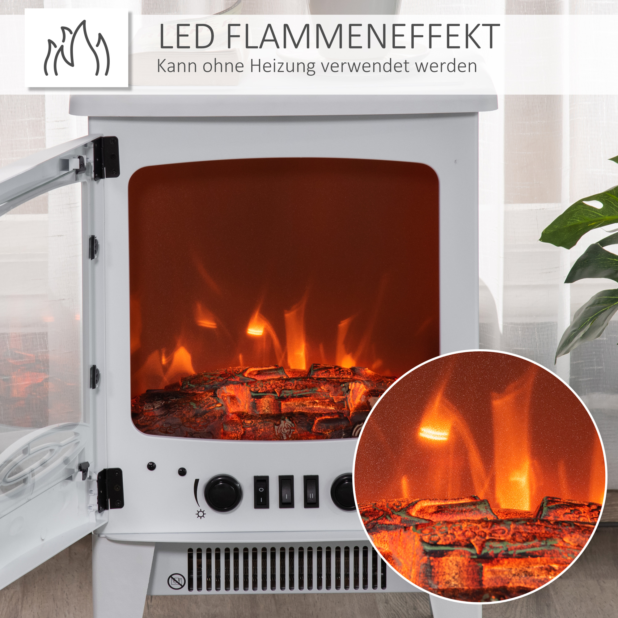 Weißer Elektro-Kamin mit LED-Flammeneffekt. Holzscheite und Bedienelemente sichtbar. Offene Tür zeigt Flamme.