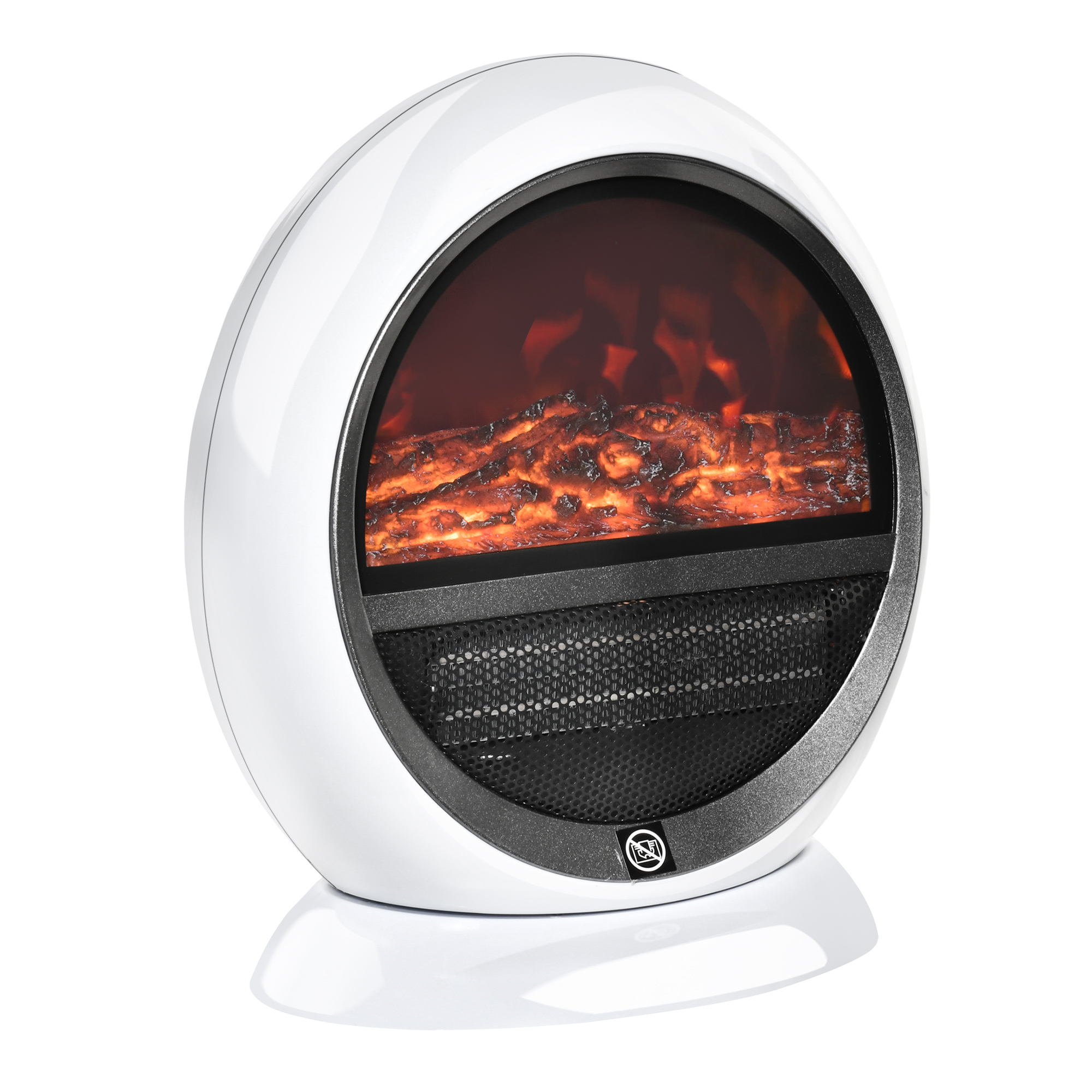 Caminetto elettrico bianco con display di legno che brucia e fronte nero.