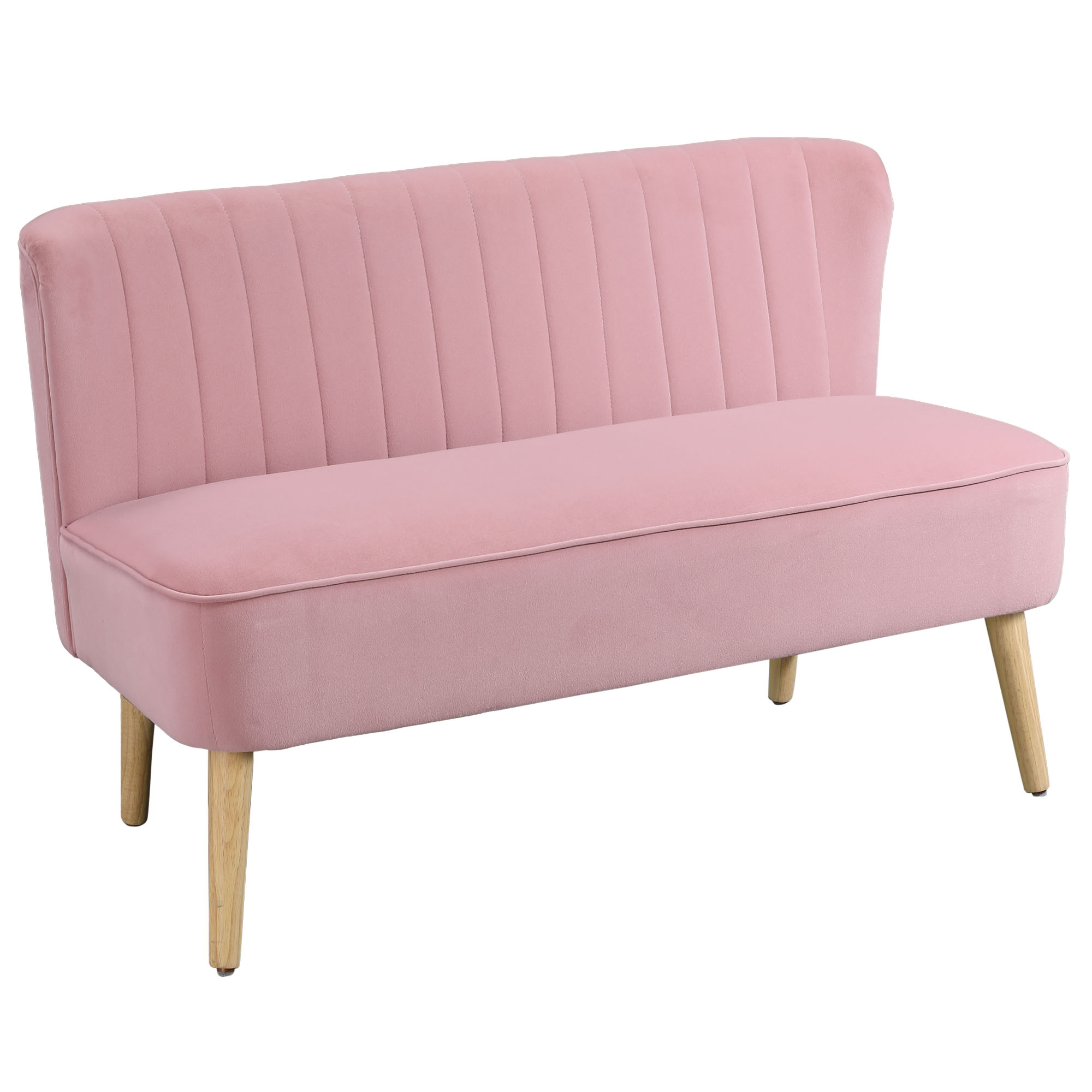 Ein rosafarbenes Liegesofa mit Holzbeinen. Die Rückenlehne hat vertikale Nähte, Sitz und Rücken sind gepolstert. Weißer Hintergrund.