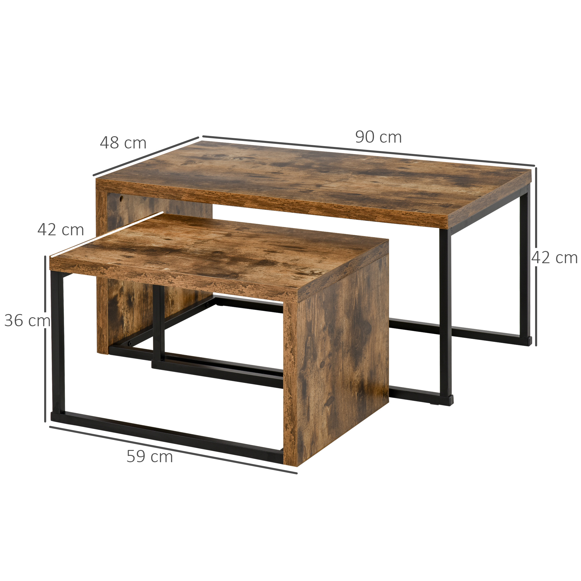 Dos mesas de centro de madera con dimensiones. La grande: 90x48x42cm, la pequeña: 59x42x36cm.