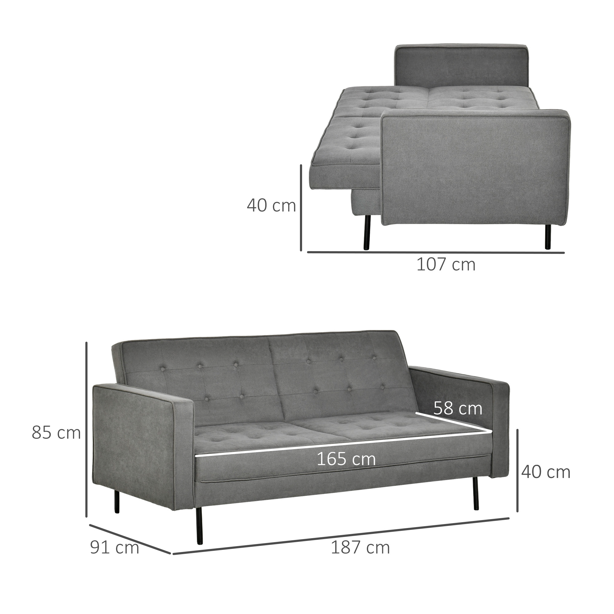 Graues Sofa mit in Zentimetern beschrifteten Abmessungen, isoliert auf Weiß.