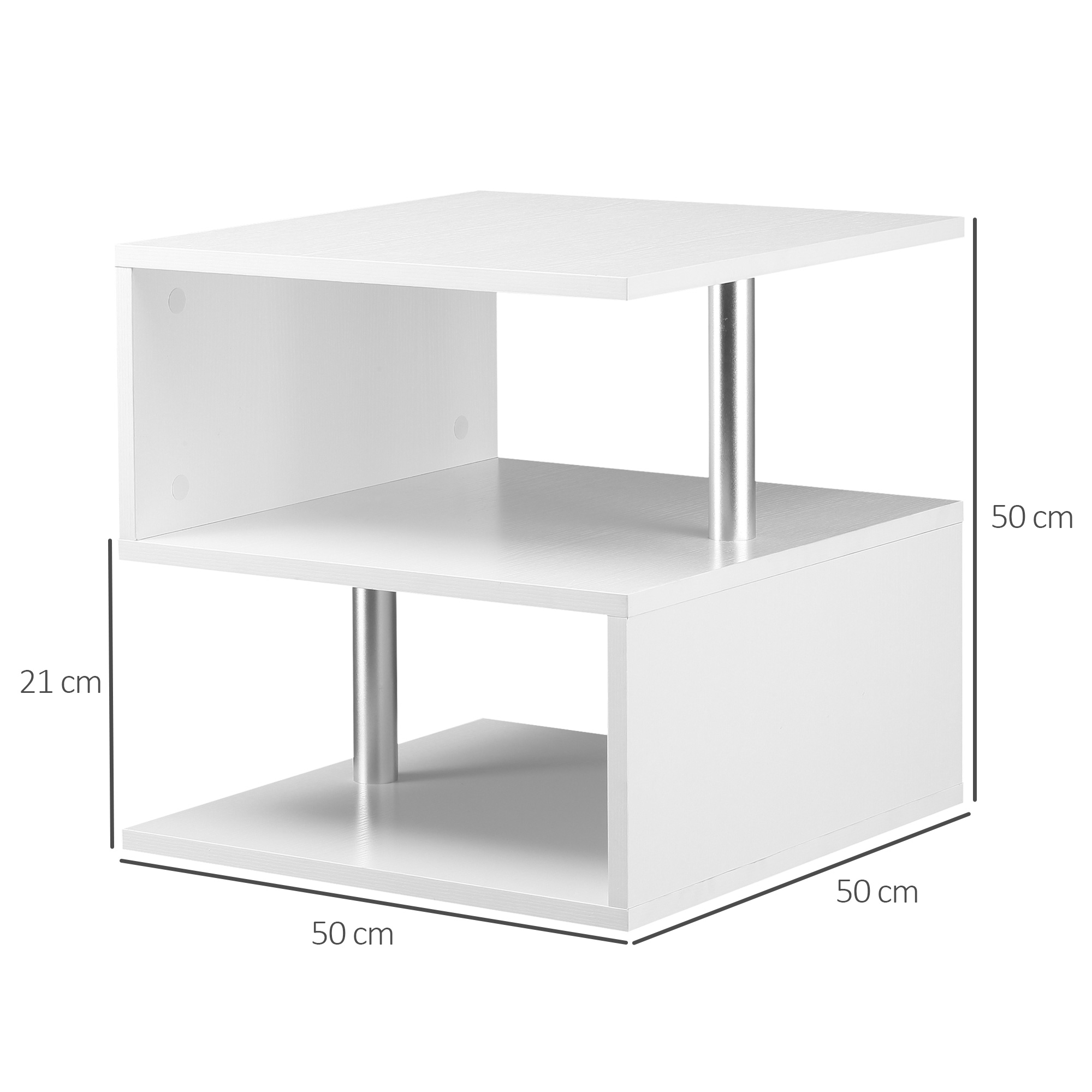 Mesa auxiliar blanca moderna de dos niveles con pilares de soporte plateados.