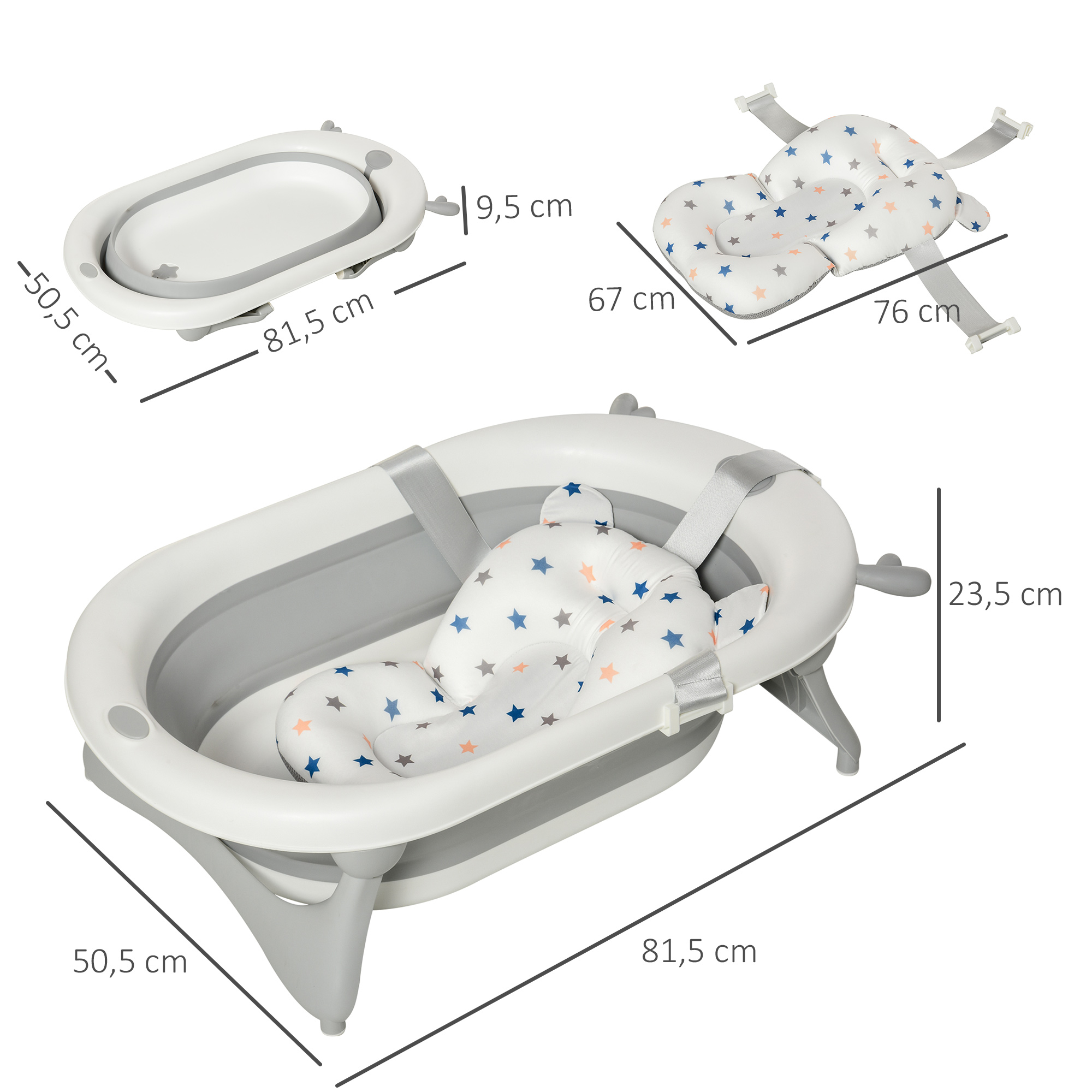 Bañera para bebés con almohada con estampado de estrellas. Dimensiones etiquetadas. La bañera es blanca y gris.