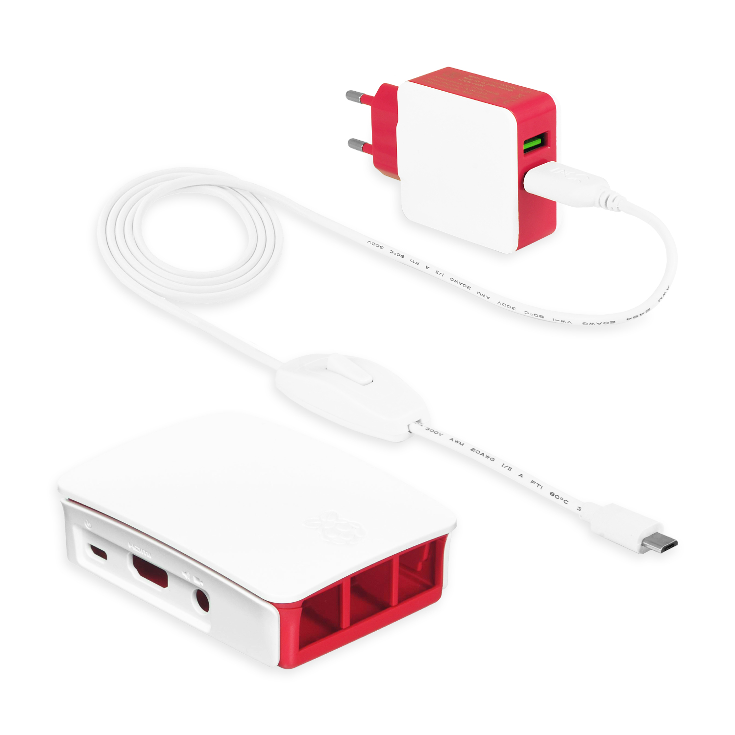 Weißes Raspberry Pi mit roten Akzenten, Netzteil und Verbindungskabel.