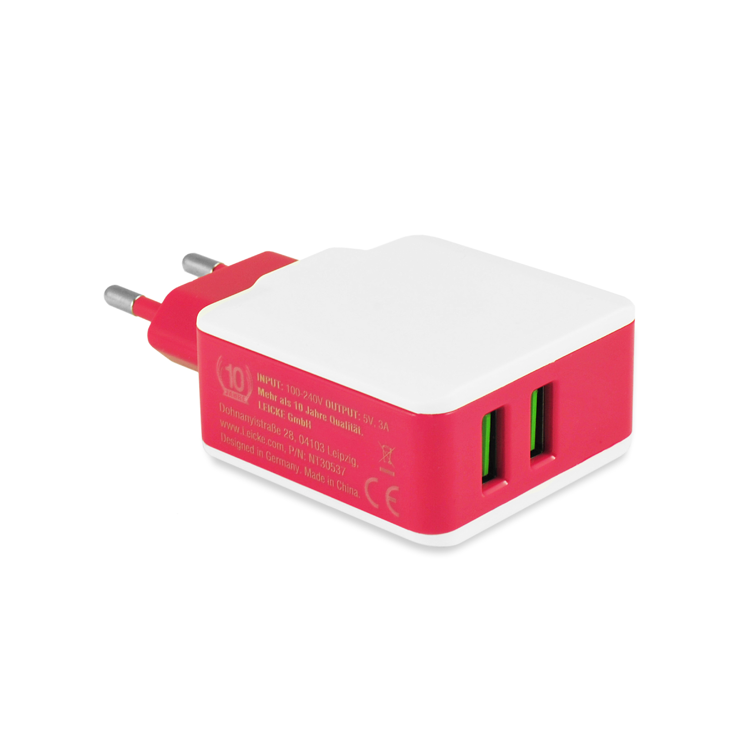 Ein rot-weißes Wandladegerät mit zwei USB-Anschlüssen. Es hat einen roten Stecker und das Wort '10' ist sichtbar.