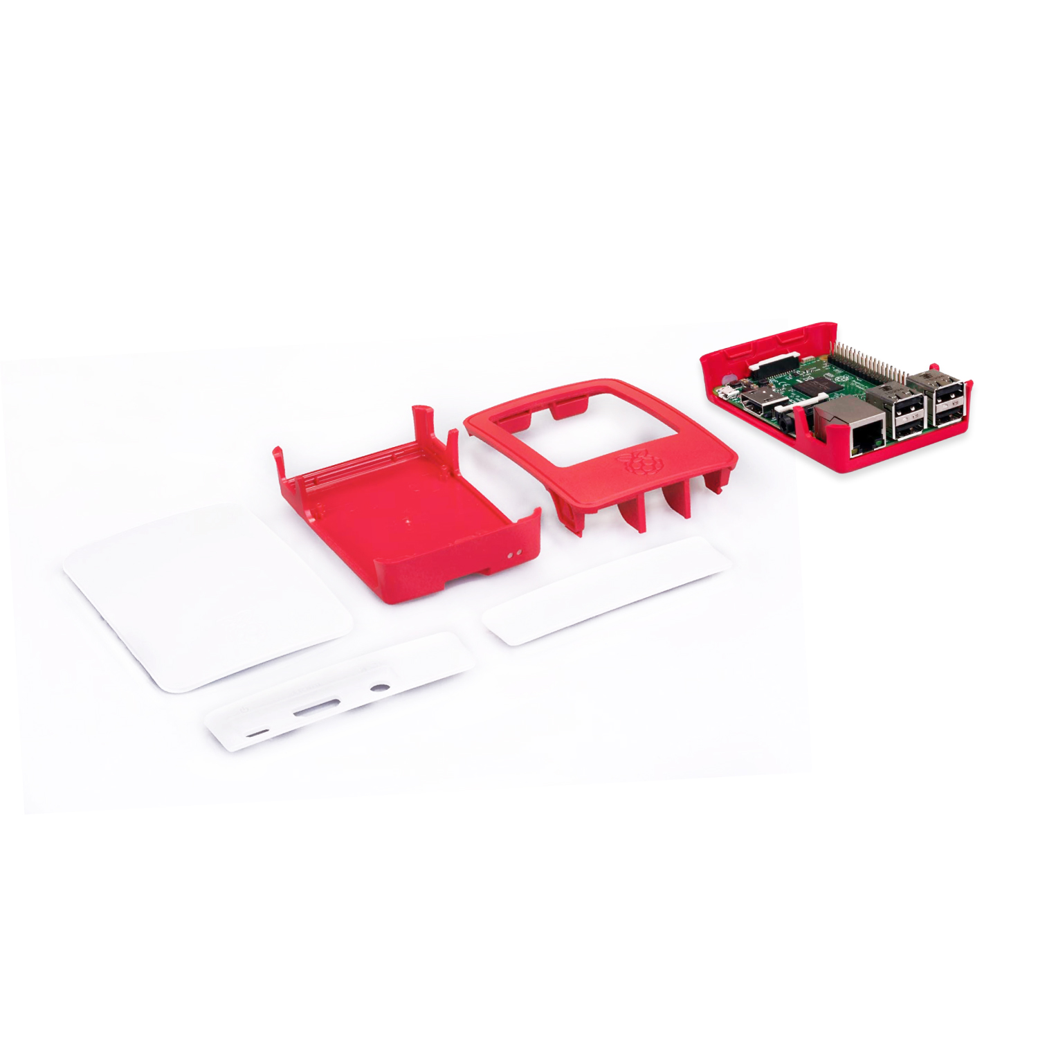 Ein rotes Raspberry Pi Gehäuse mit Komponenten, zerlegt auf weißer Oberfläche.