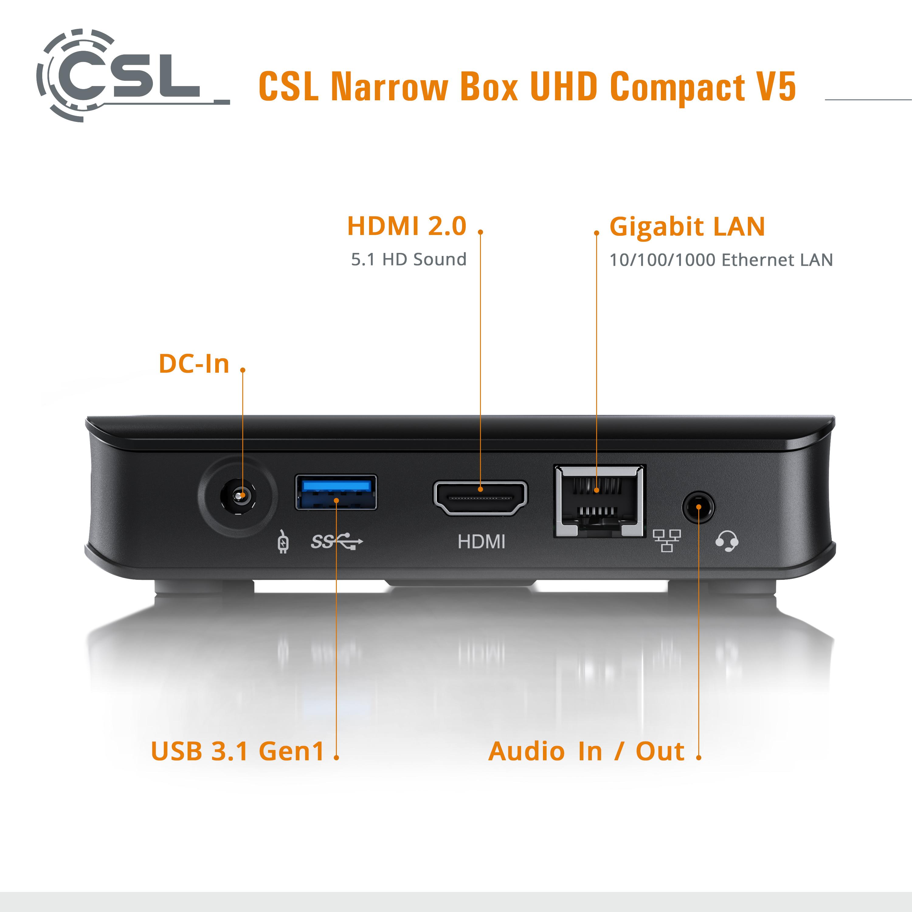 CSL Narrow Box Ultra HD eMMC, 256 Prozessor, GB RAM, GB Mini-PC Windows mit Pro, / Intel® 128 GB 256GB (64 4 v5 Windows Celeron® 10 SSD, Bit), Intel® Compact Pro 10 
