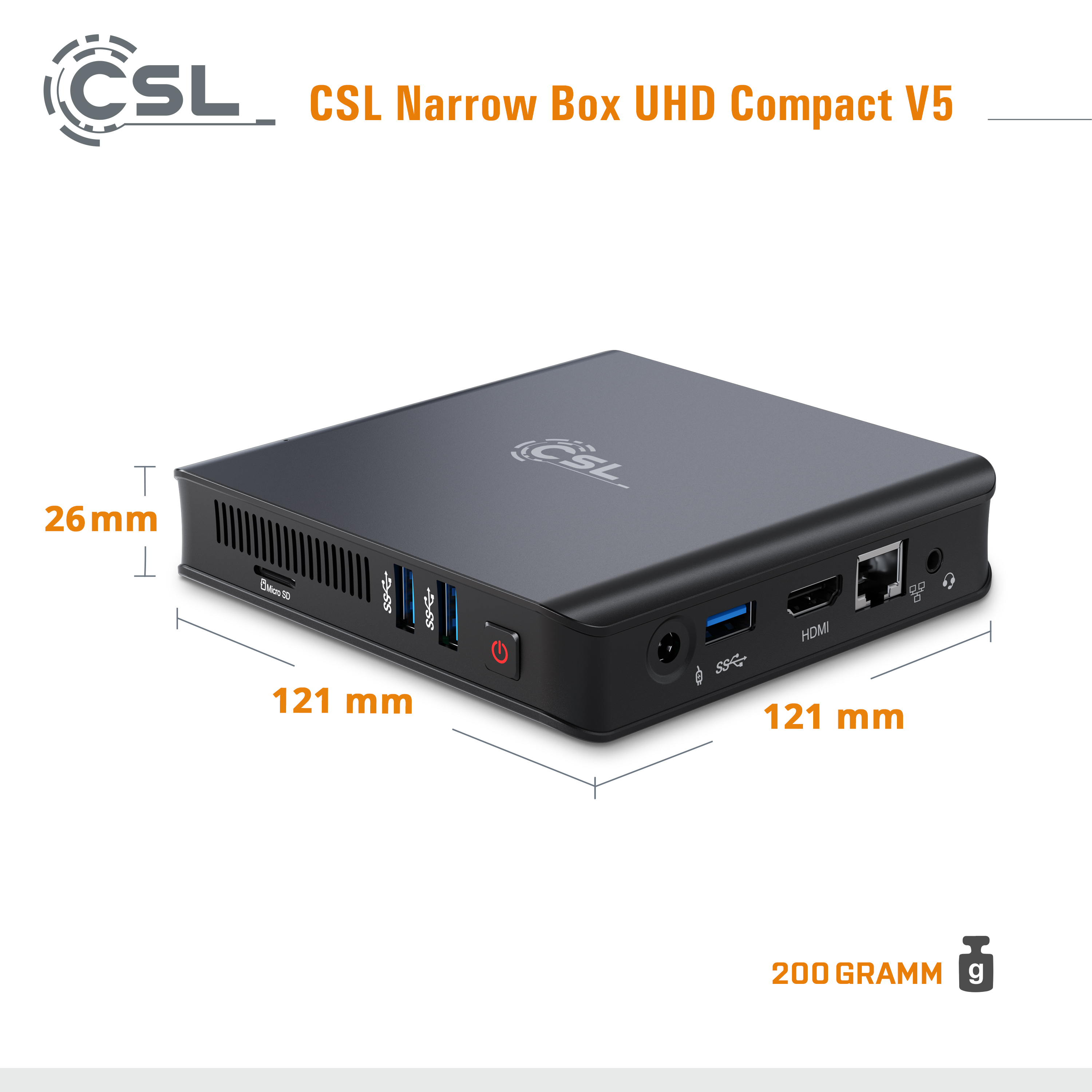 CSL Narrow Box Ultra HD v5 4 Windows / Compact Celeron® Intel® / 1000 Prozessor, 10 Home, Intel® (64 Home Bit), SSD, mit Windows RAM, GB 1000GB 10 Mini-PC GB