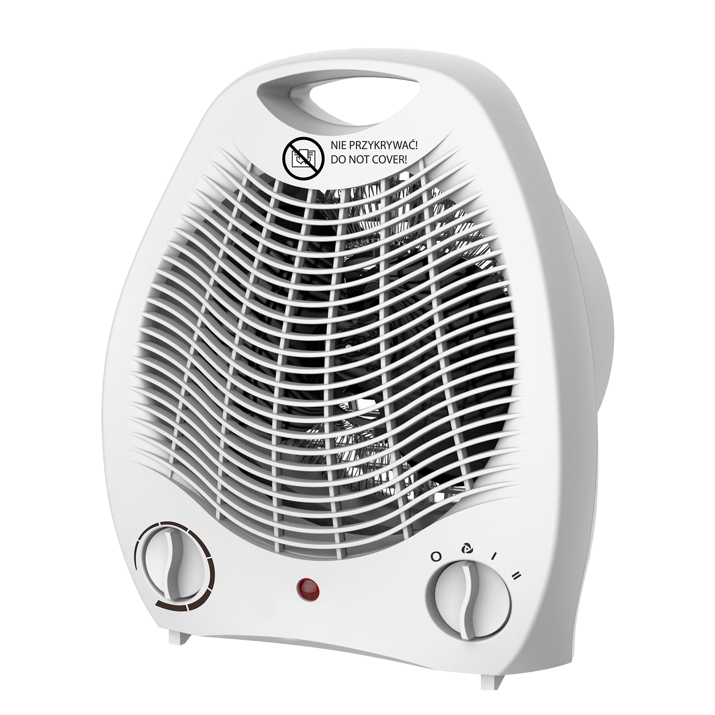 Ventilador eléctrico blanco con diseño curvo, dos perillas y un indicador rojo.