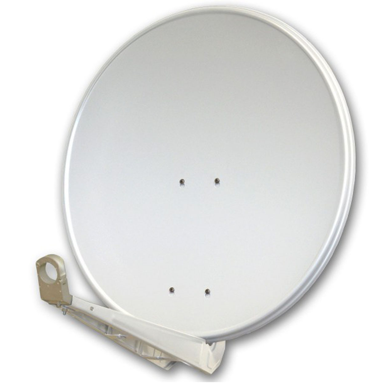Eine weiße Satellitenschüssel mit einem Montagearm, isoliert auf weißem Hintergrund. Sie hat eine runde Form und eine glatte Oberfläche.