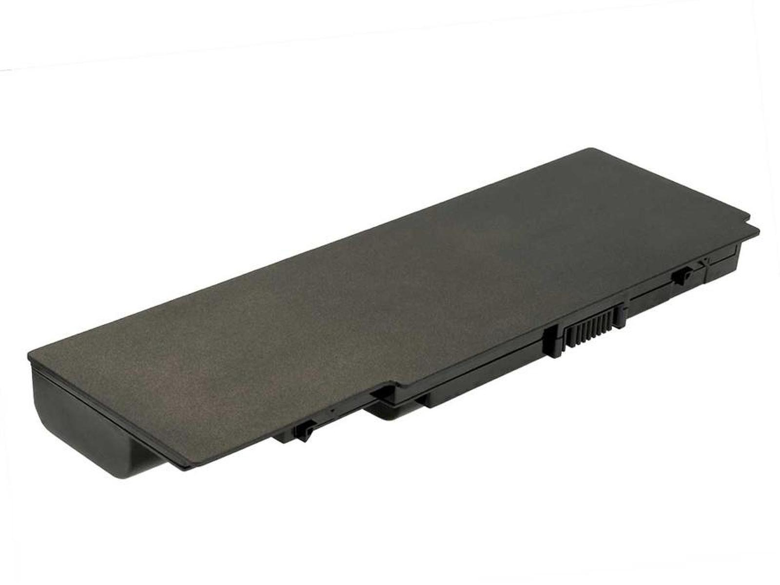 Batería de portátil negra. Rectangular, con una parte superior plana y una superficie ligeramente texturizada.