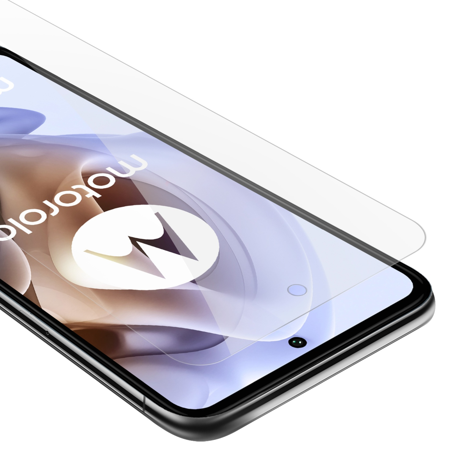 Telefono Motorola con protezione schermo applicata, primo piano.
