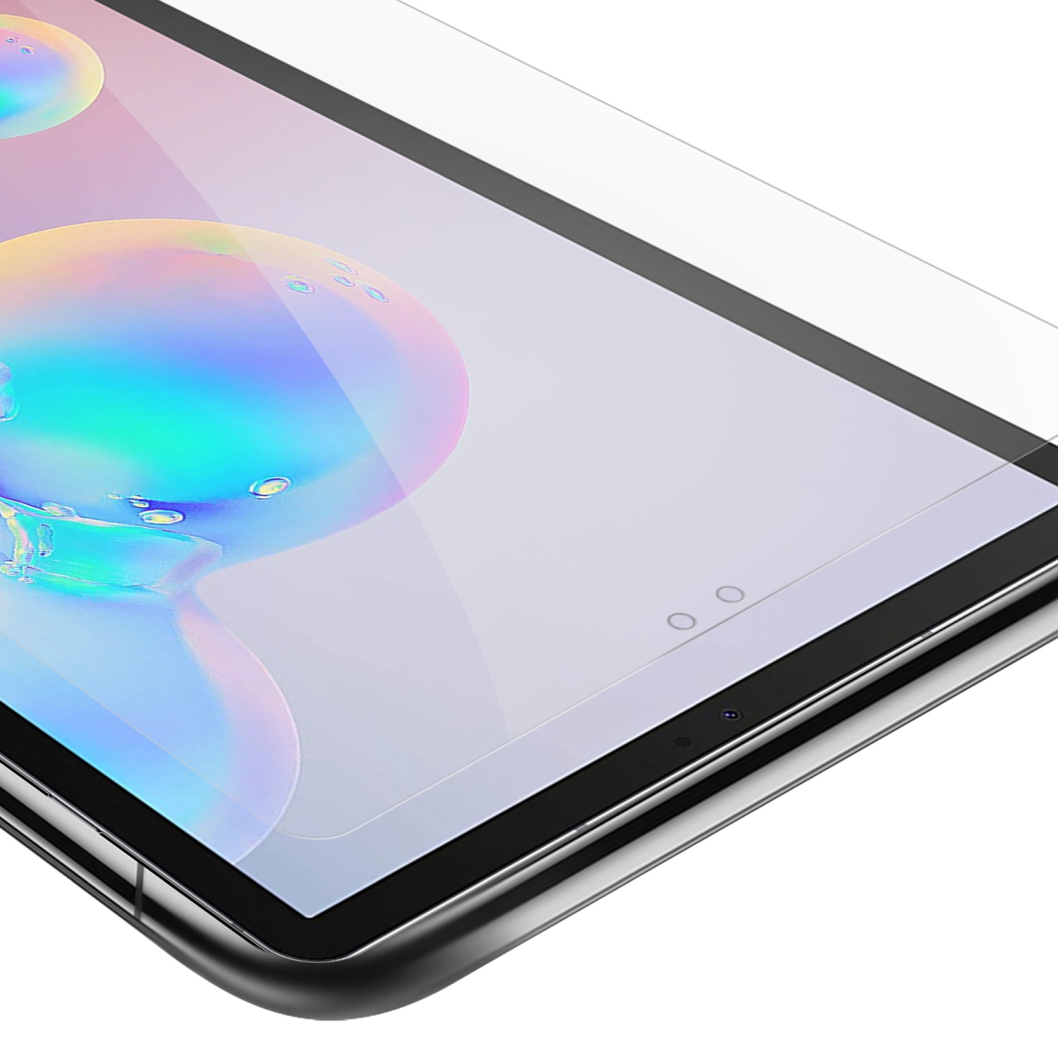 Schermo del tablet con protezione schermo applicata, che mostra una superficie chiara e riflettente.