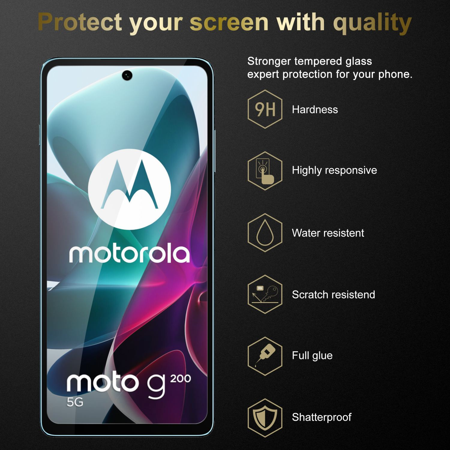 Proteggi schermo Motorola con testo e icone che descrivono le funzionalità. Telefono visibile dietro.