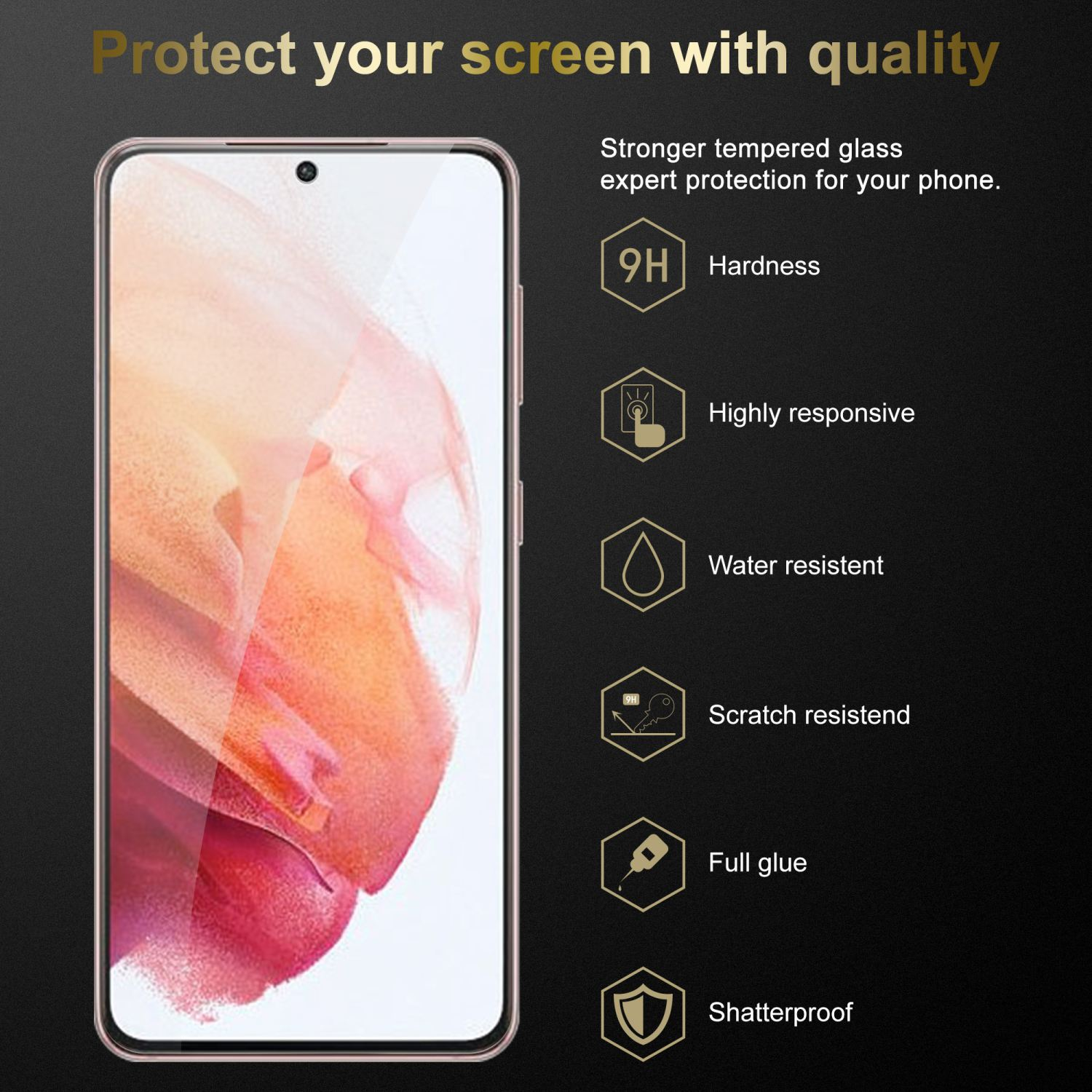 Un téléphone avec un protecteur d'écran, avec du texte sur la protection. L'écran affiche une image abstraite.