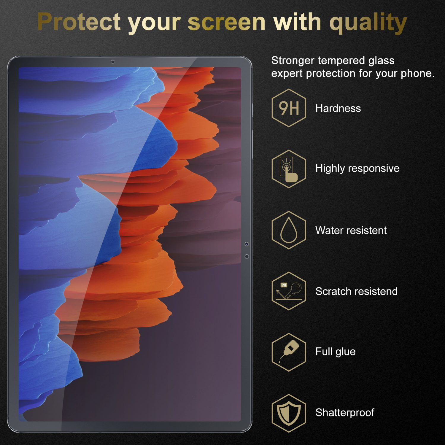 Schermo del tablet con protezione. Testo: Proteggi il tuo schermo con qualità.