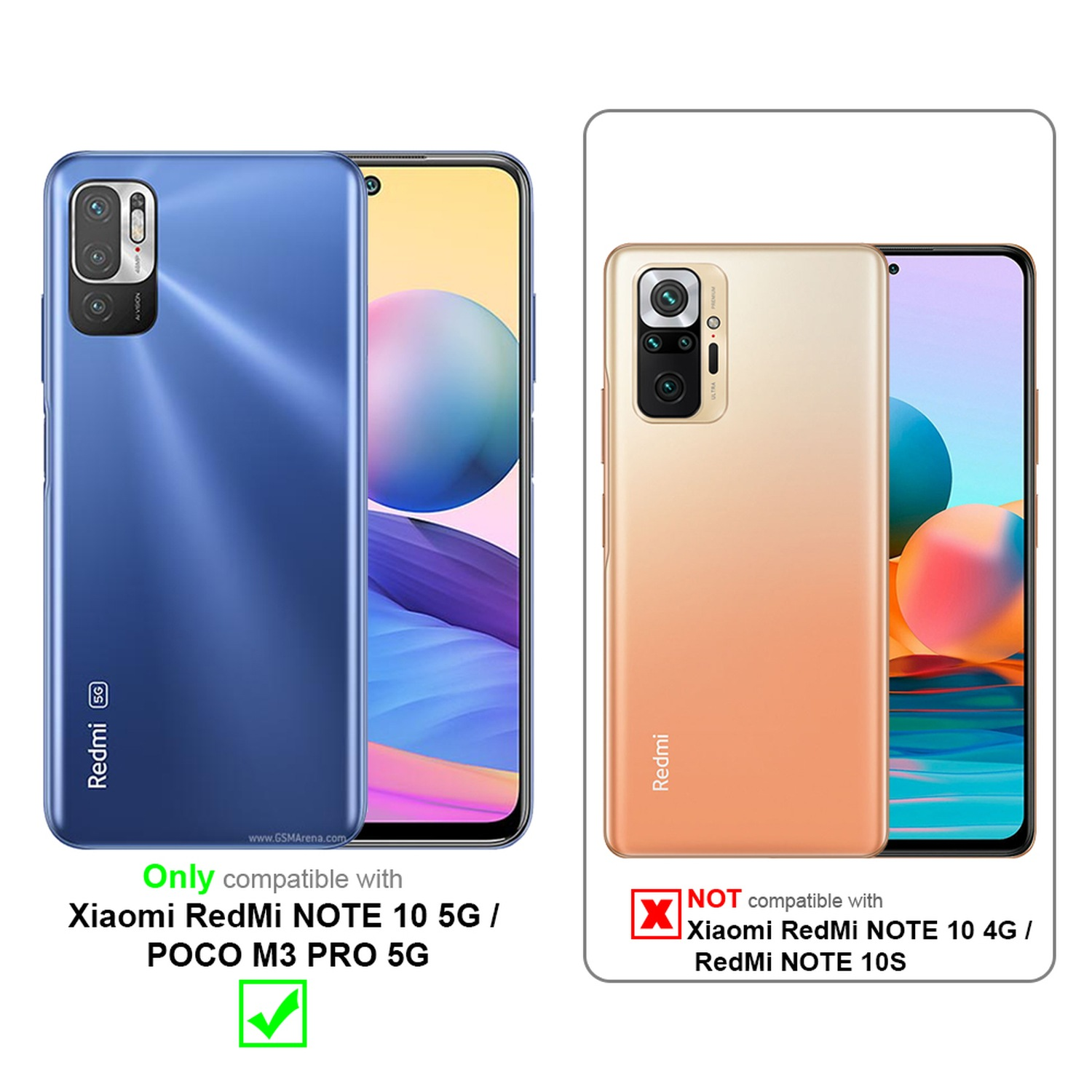 Zwei Smartphones, eines blau und eines gold, mit Kompatibilitätsinformationen. Enthält ein grünes Häkchen und ein rotes X.