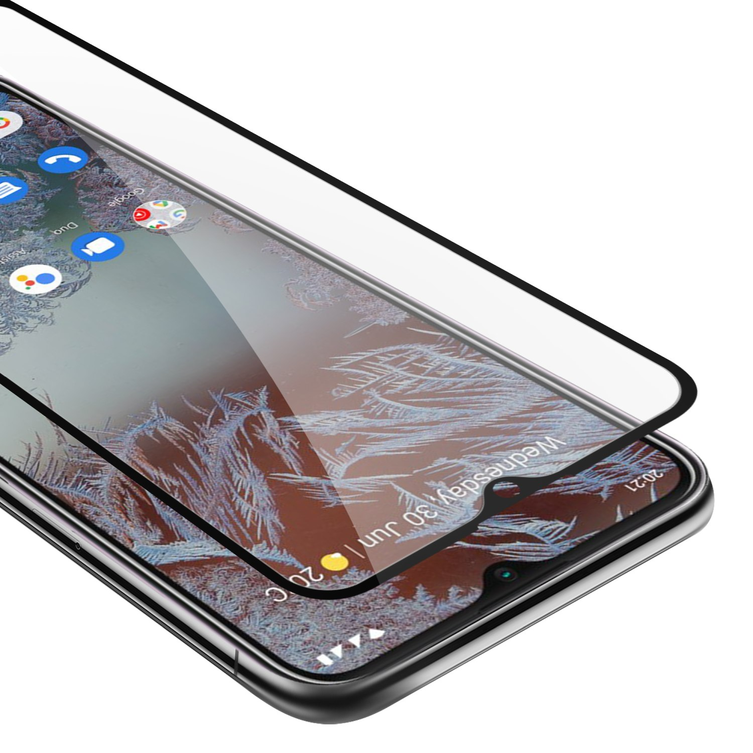 Smartphone con protezione schermo installata, che rivela il display.