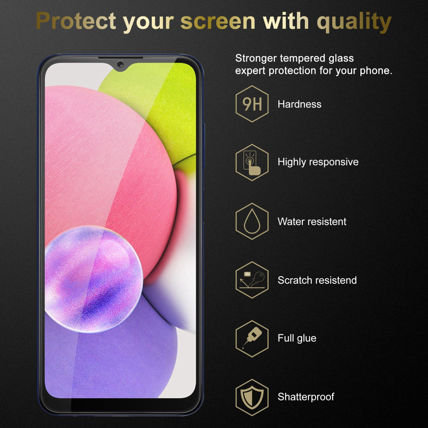 Schermo di smartphone con vetro protettivo. Il testo evidenzia le caratteristiche principali come durezza e infrangibilità.